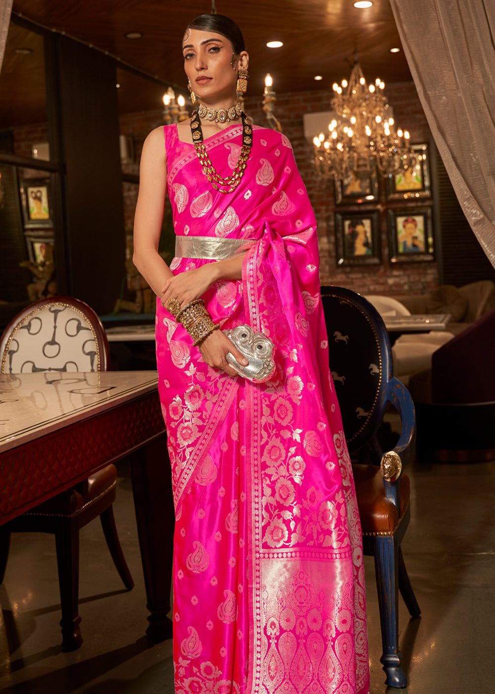 Buy MySilkLove Winter Sky Pink Banarasi Woven Satin Silk Saree Online