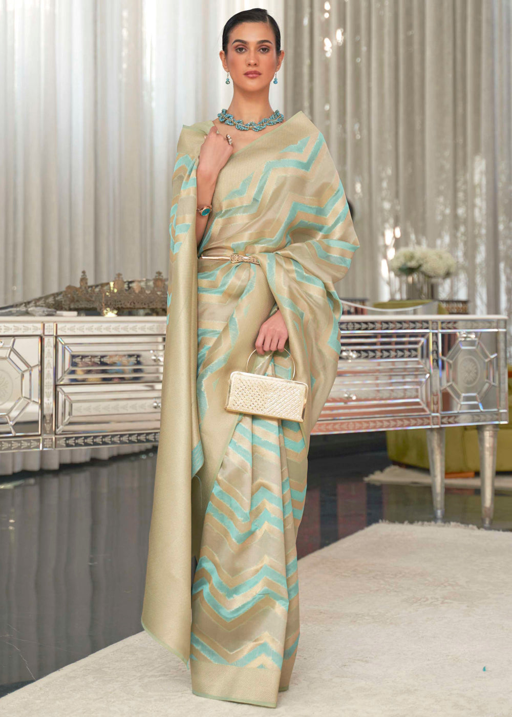 Buy MySilkLove Sea Mist Blue Woven Organza Banarasi Silk Saree Online
