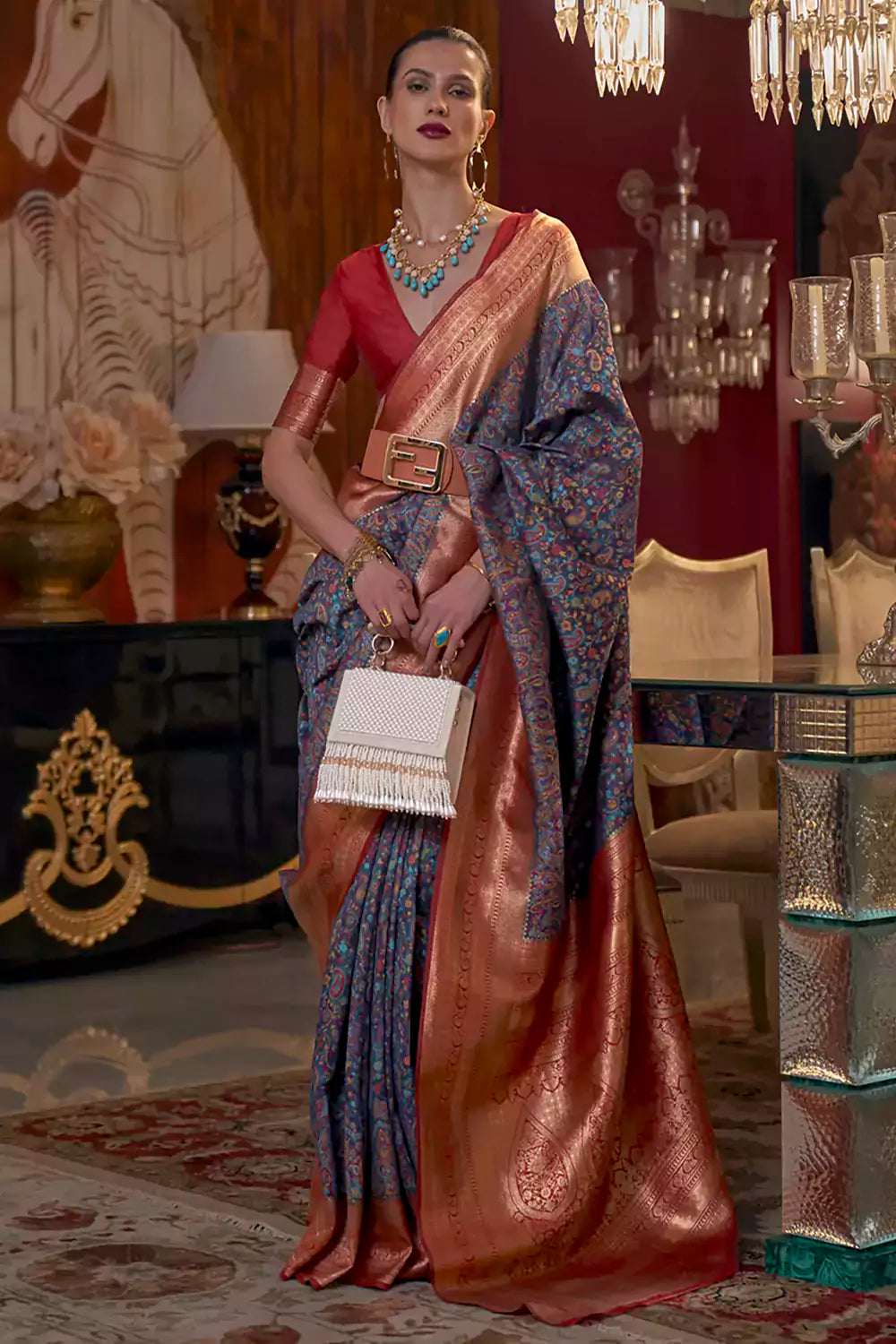 Buy MySilkLove Oxford Blue Kashmiri Jamewar Silk Saree Online