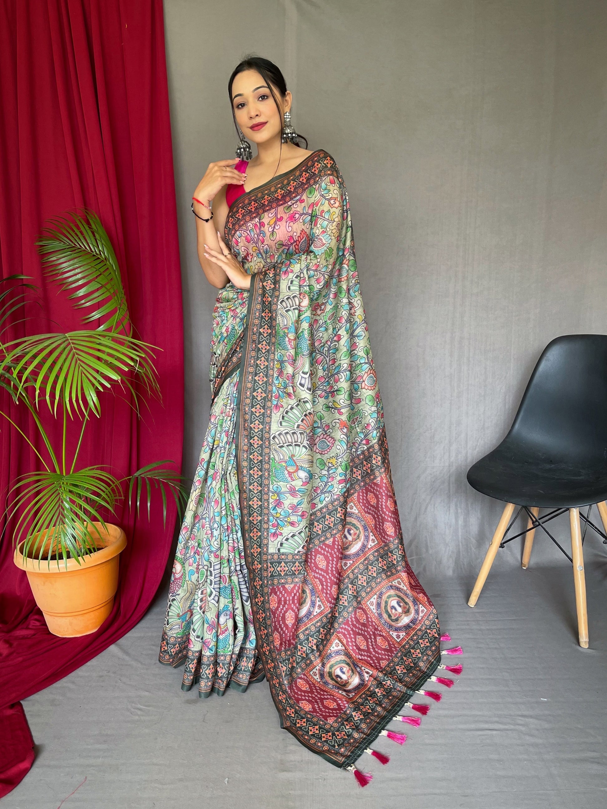 Buy MySilkLove Amulet Light Green Bandhani Kalamkari Printed Saree Online