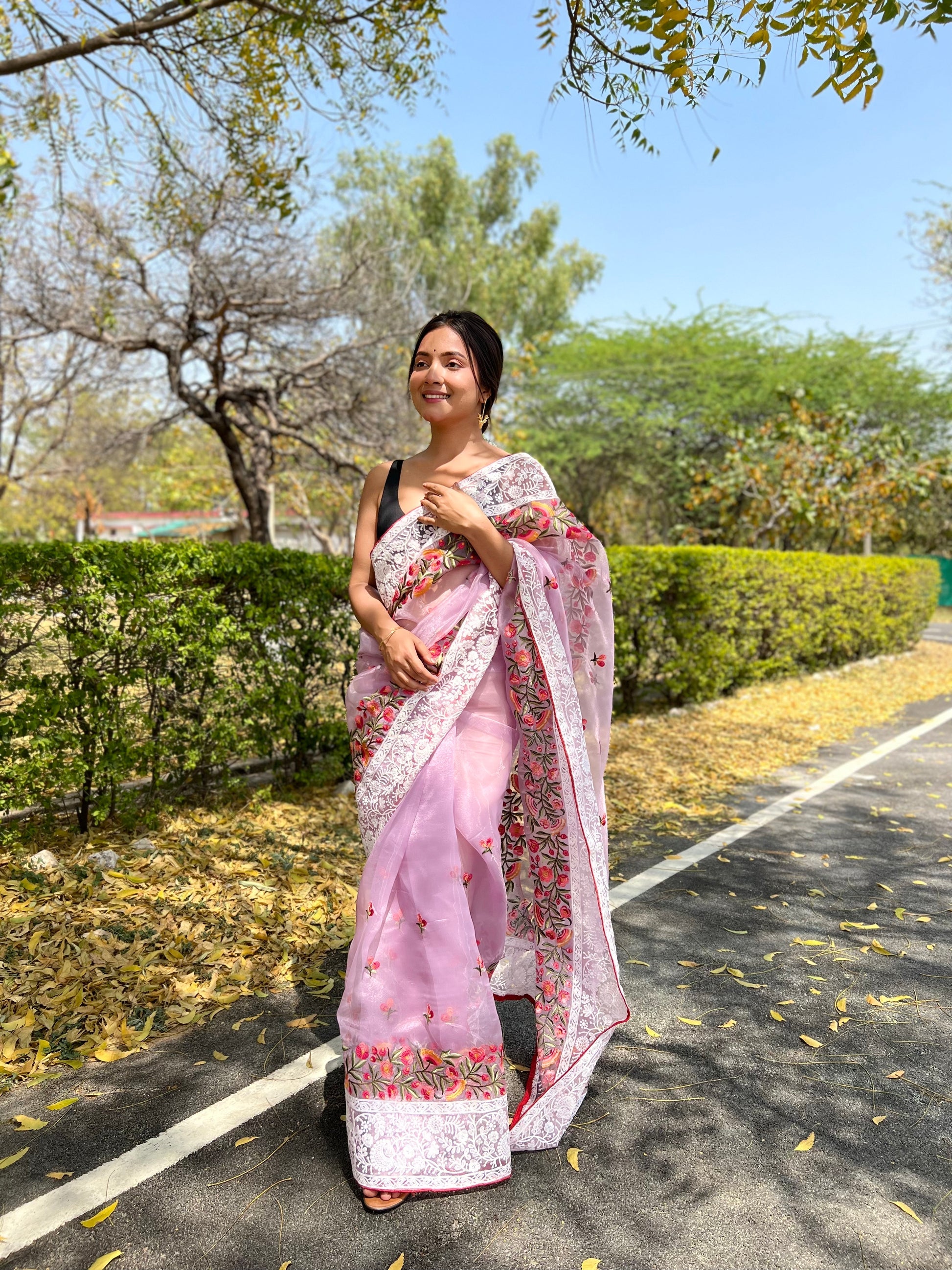 Buy MySilkLove Flare Purple Lucknowi Chikankari Organza Silk Saree Online