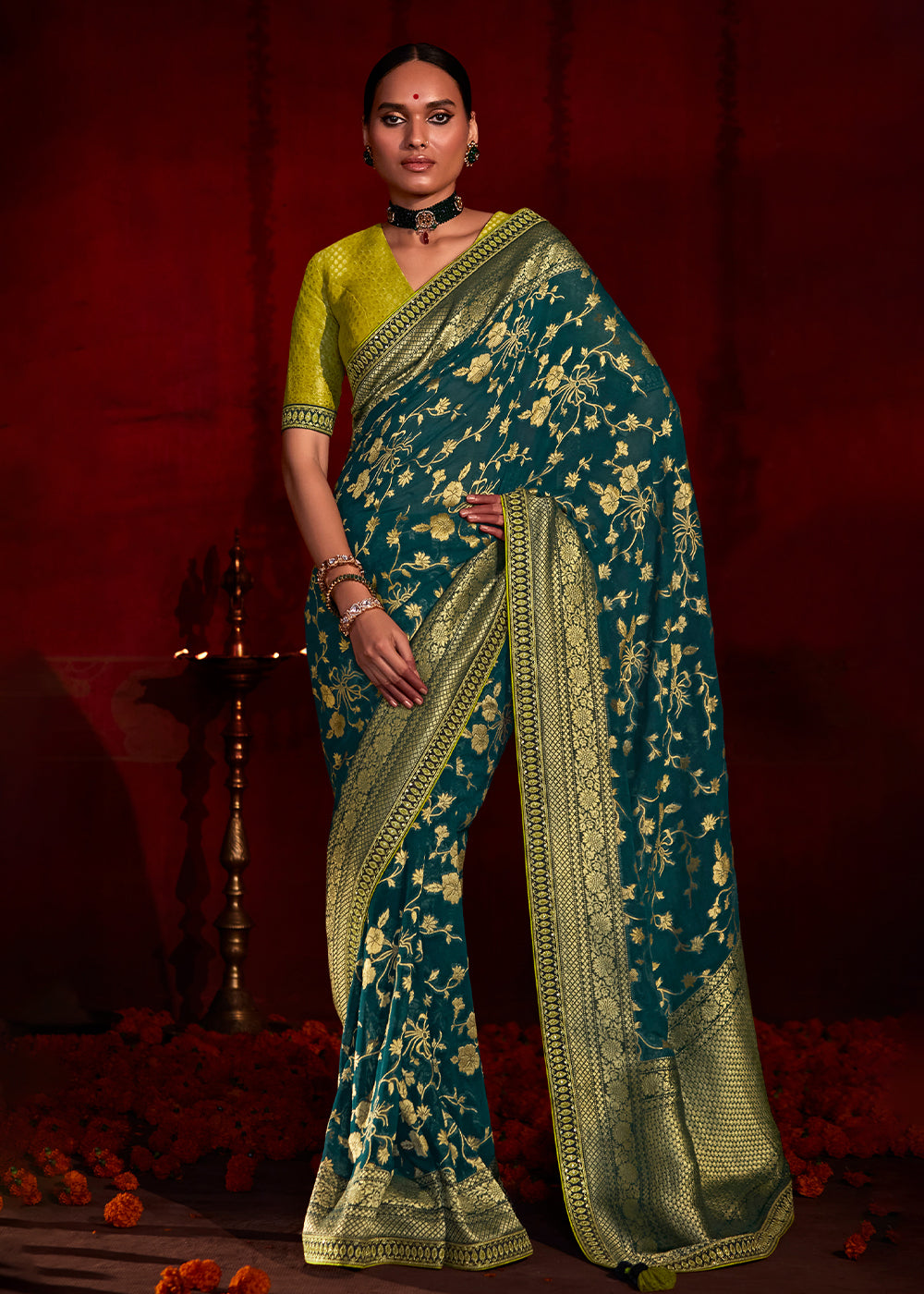 Buy MySilkLove Gable Green Woven Banarasi Georgette Silk Saree Online