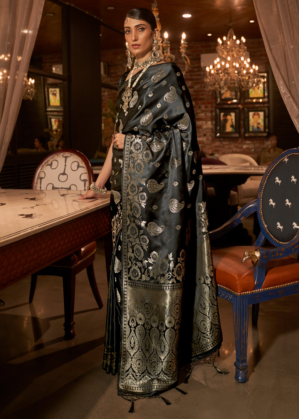 Buy MySilkLove Night Rider Black Banarasi Woven Satin Silk Saree Online