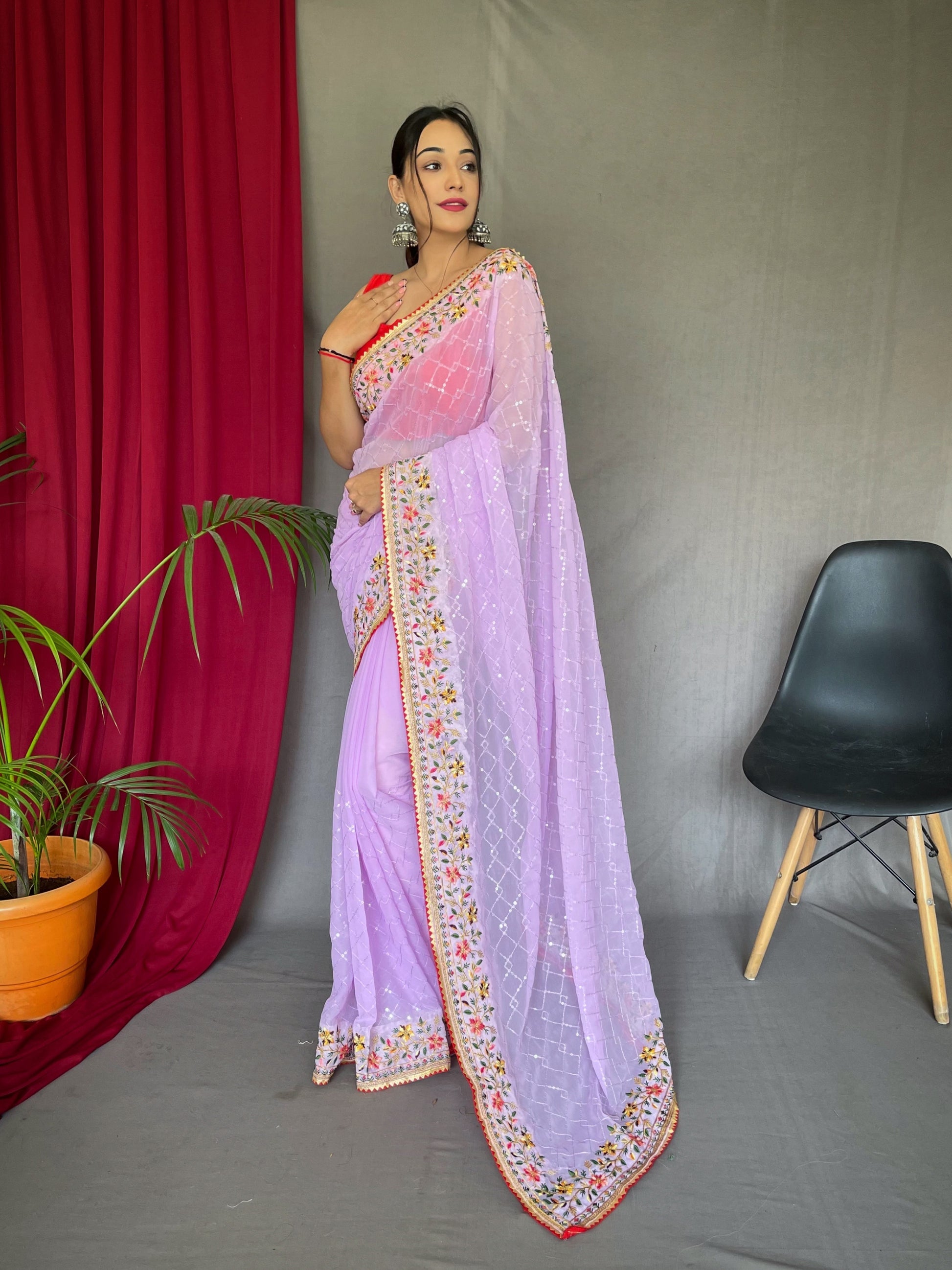 Buy MySilkLove Logan Lavender Georgette Sequins Designer Saree with Embroidered Border Online