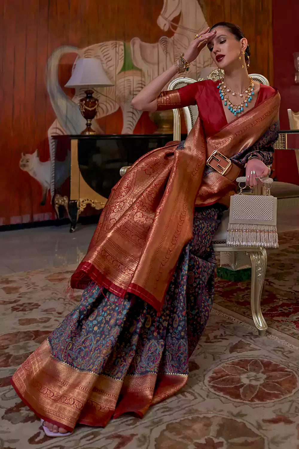 MySilkLove Oxford Blue Kashmiri Jamewar Silk Saree