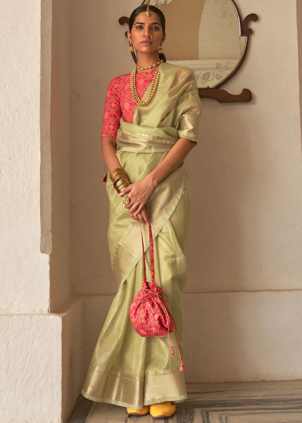 Buy MySilkLove Straw Green and Pink Organza Silk Saree Online