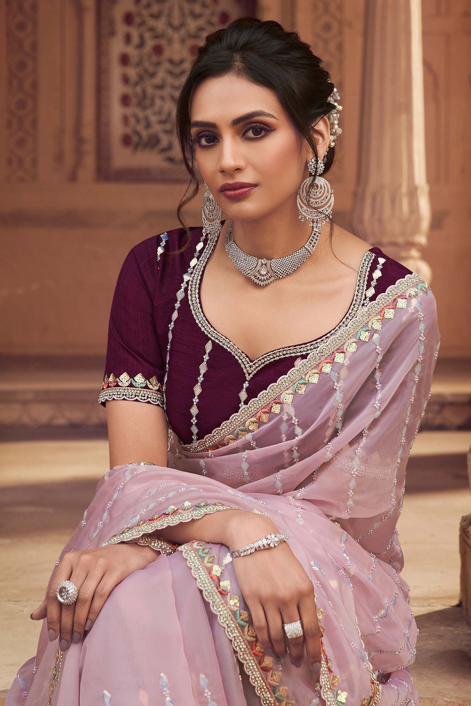 Buy MySilkLove Oriental Lavender Organza Silk with Embroidered Designer Saree Online