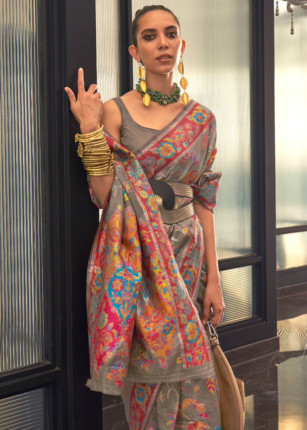 Buy MySilkLove Roman Coffee Brown Jamewar Kashmiri Cotton Silk Saree Online
