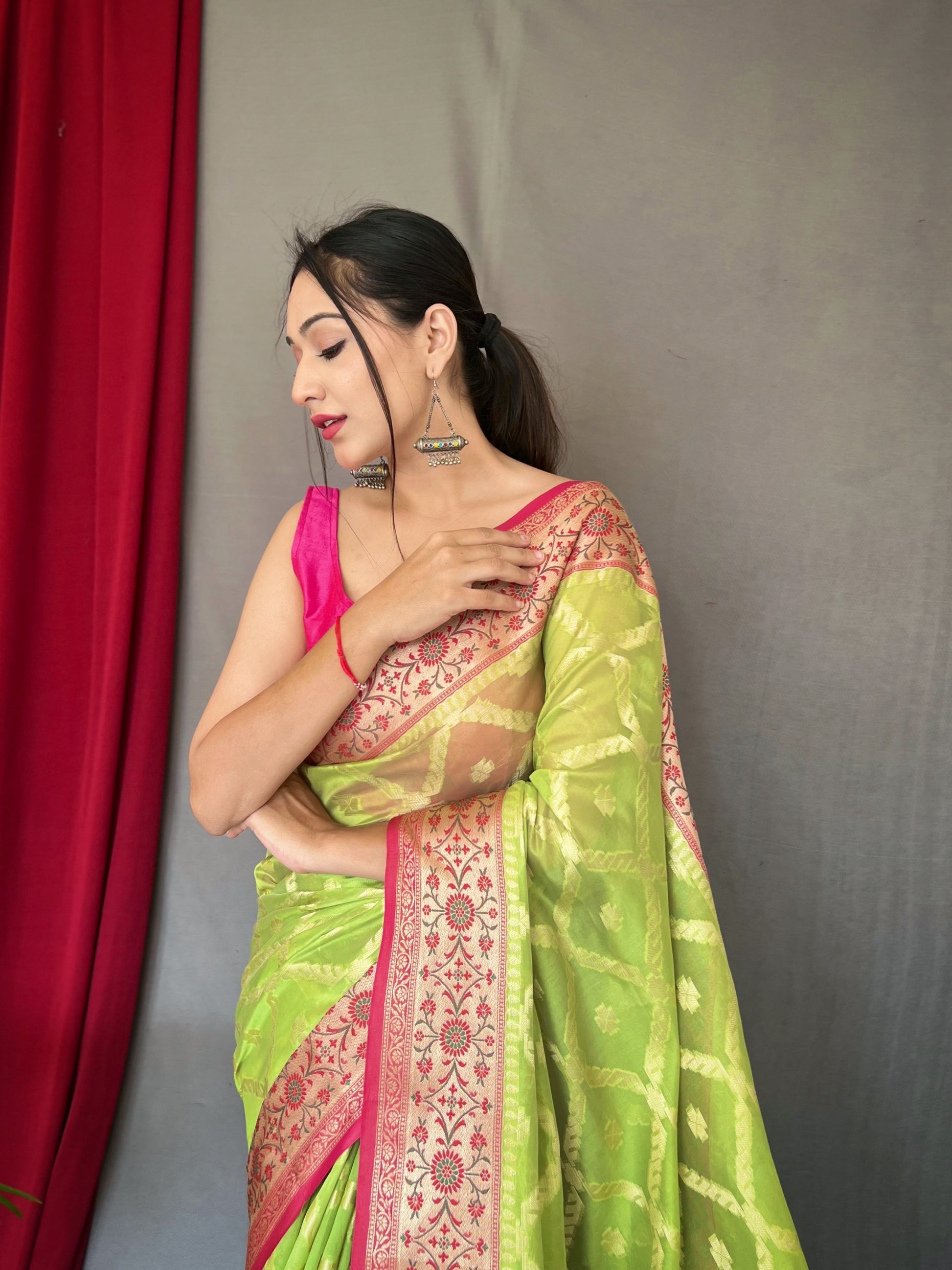Buy MySilkLove Tacha Green Woven Banarasi Organza Silk Saree Online