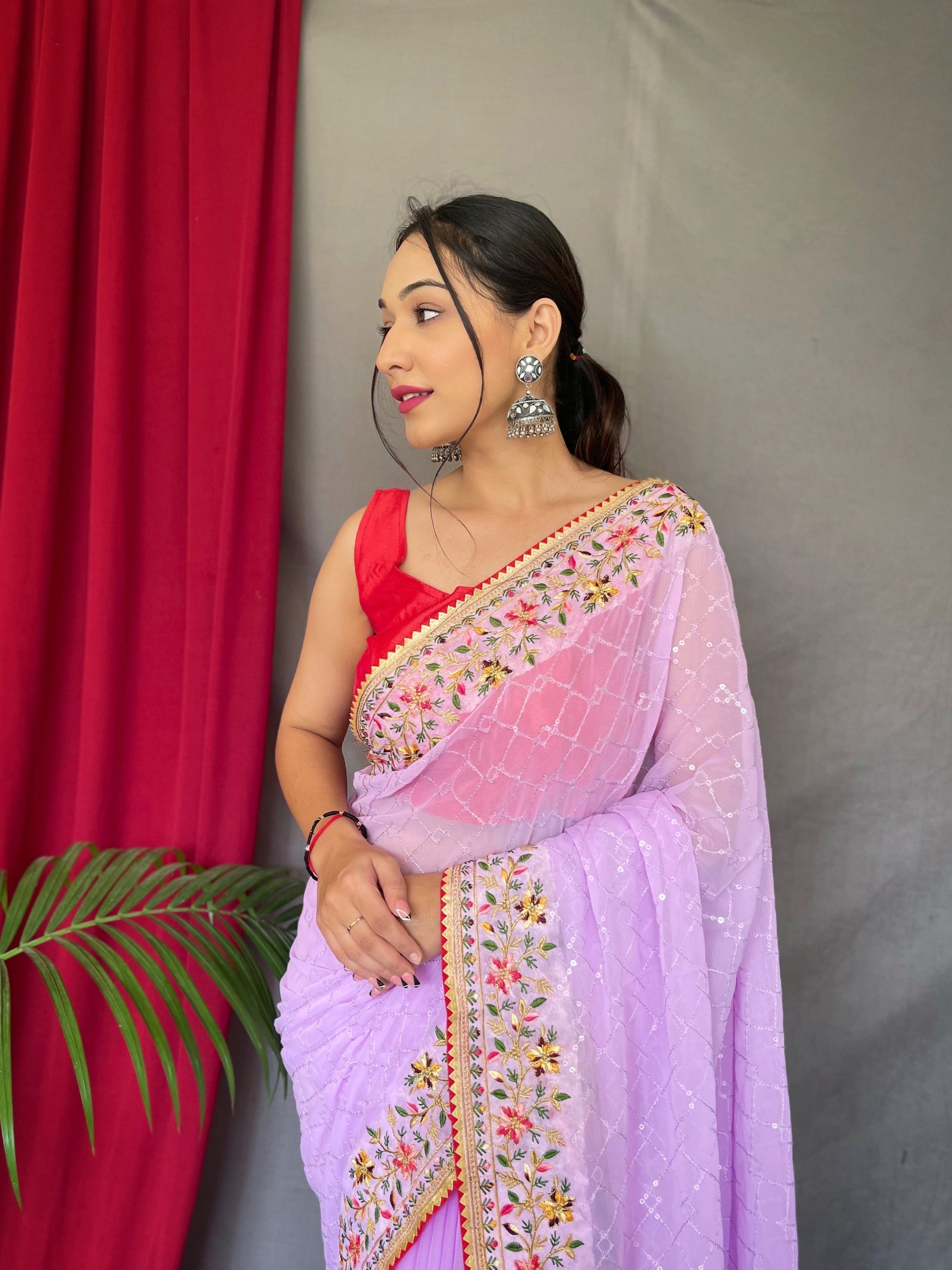 Buy MySilkLove Logan Lavender Georgette Sequins Designer Saree with Embroidered Border Online