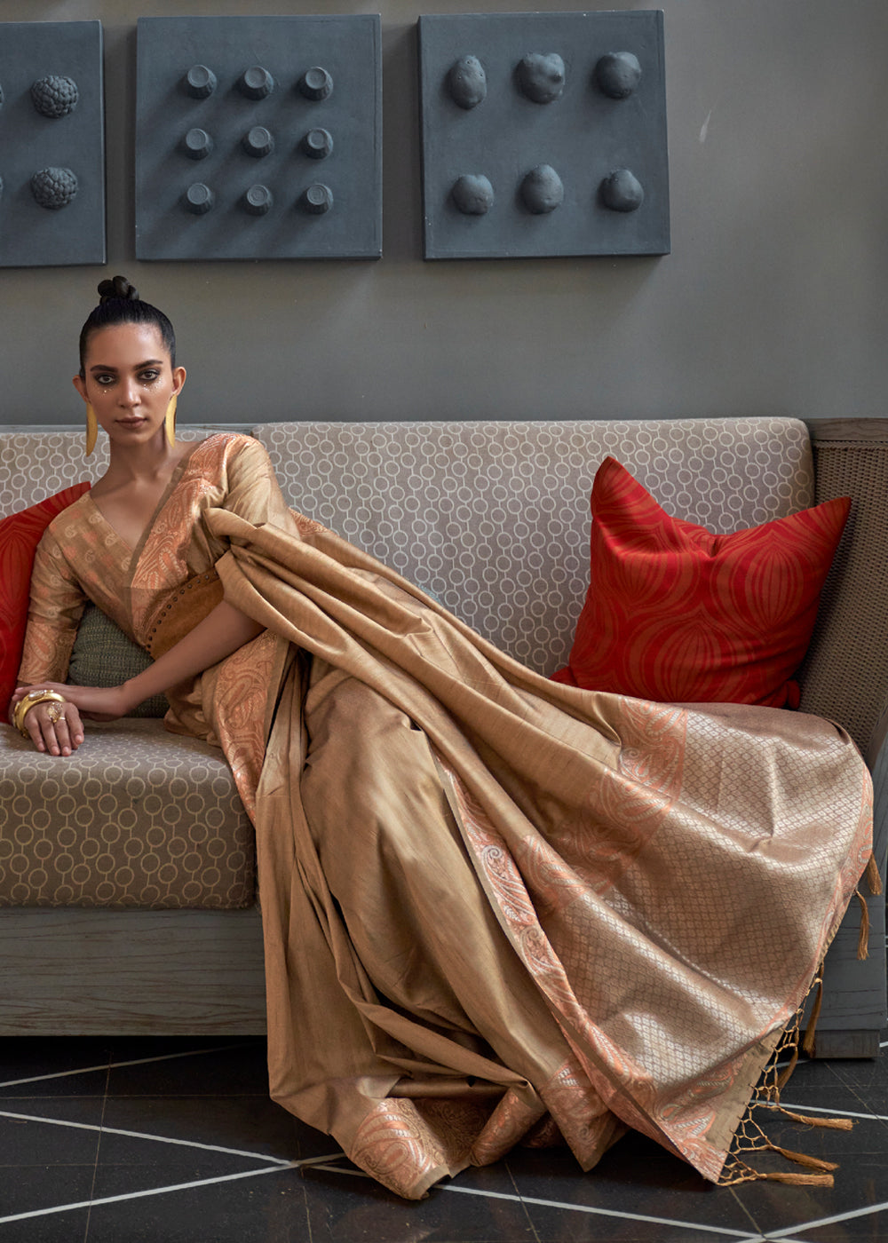 Buy MySilkLove Mongoose Brown Woven Brocade Tussar Silk Saree Online