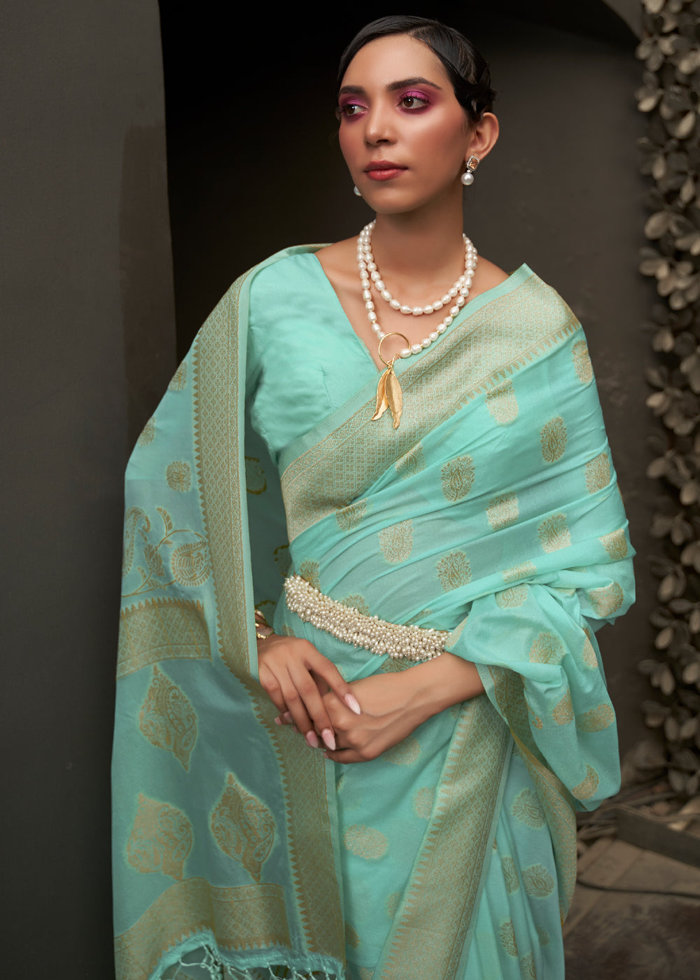 Buy MySilkLove Shadow Green Woven Banarasi Chiffon Saree Online