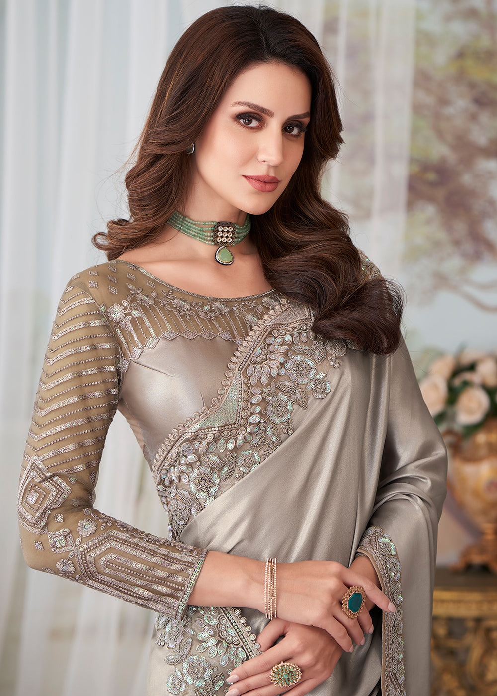 Buy MySilkLove Silver Grey Designer Embroidered Satin Silk Saree Online