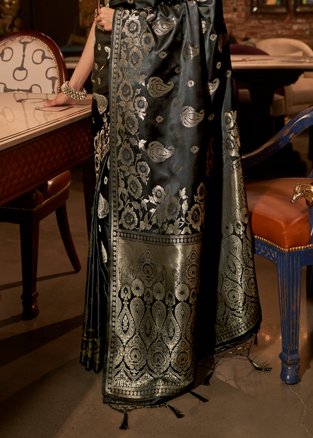 Buy MySilkLove Night Rider Black Banarasi Woven Satin Silk Saree Online