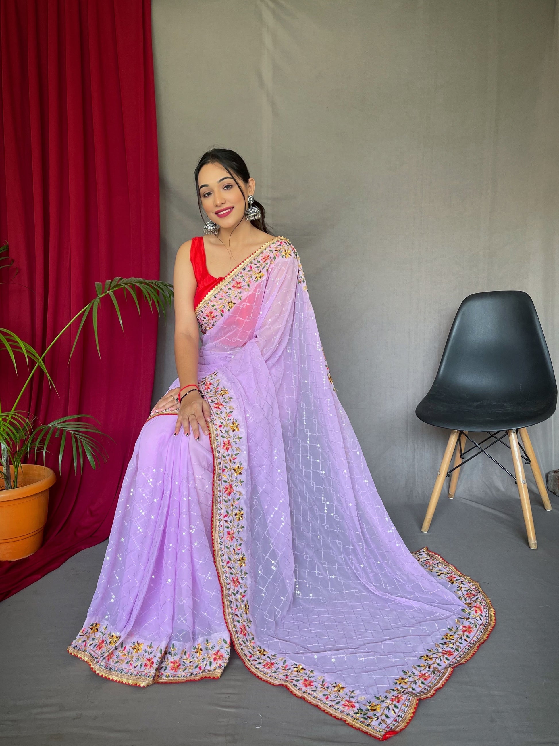 Buy MySilkLove Logan Lavender Georgette Sequins Designer Saree with Embroidered Border Online