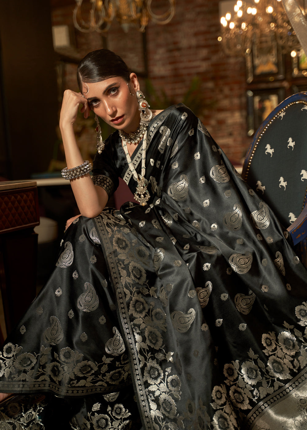 Buy MySilkLove Night Rider Black Banarasi Woven Satin Silk Saree Online
