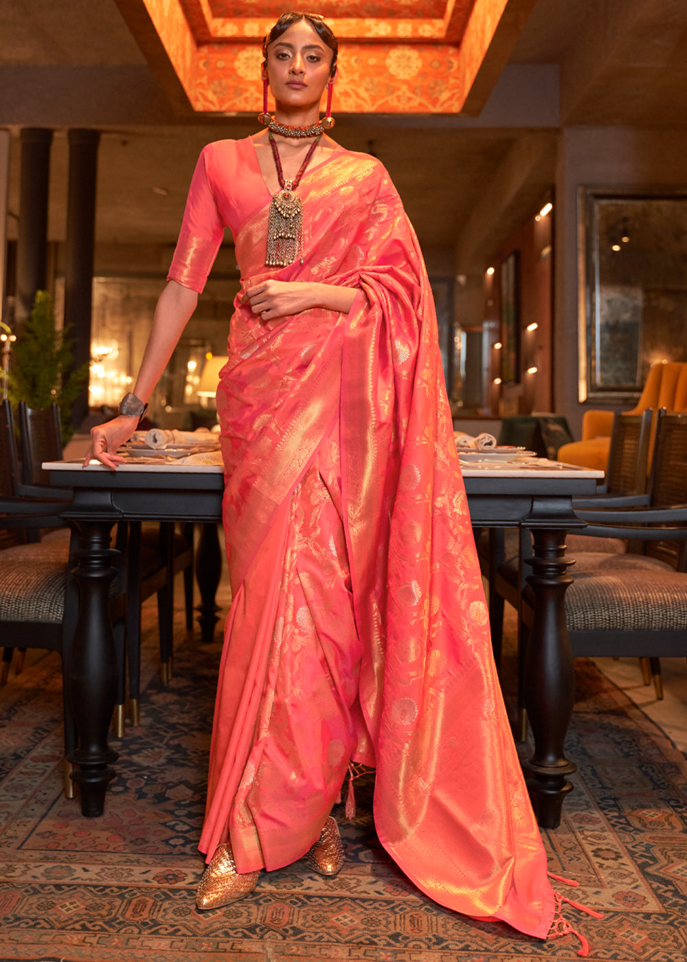 Buy MySilkLove Vivid Tangerine Peach Banarasi Brocade Silk Saree Online