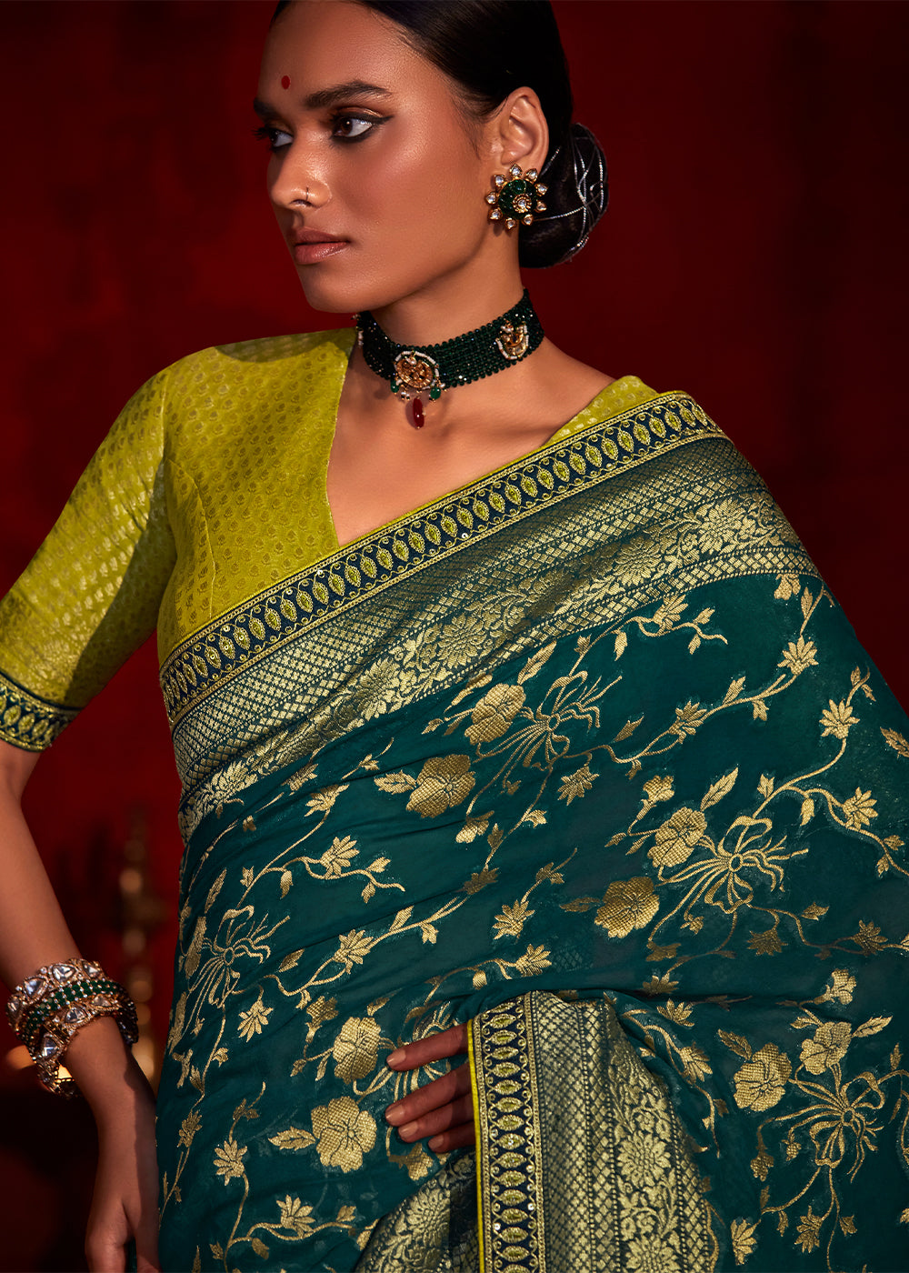 Buy MySilkLove Gable Green Woven Banarasi Georgette Silk Saree Online