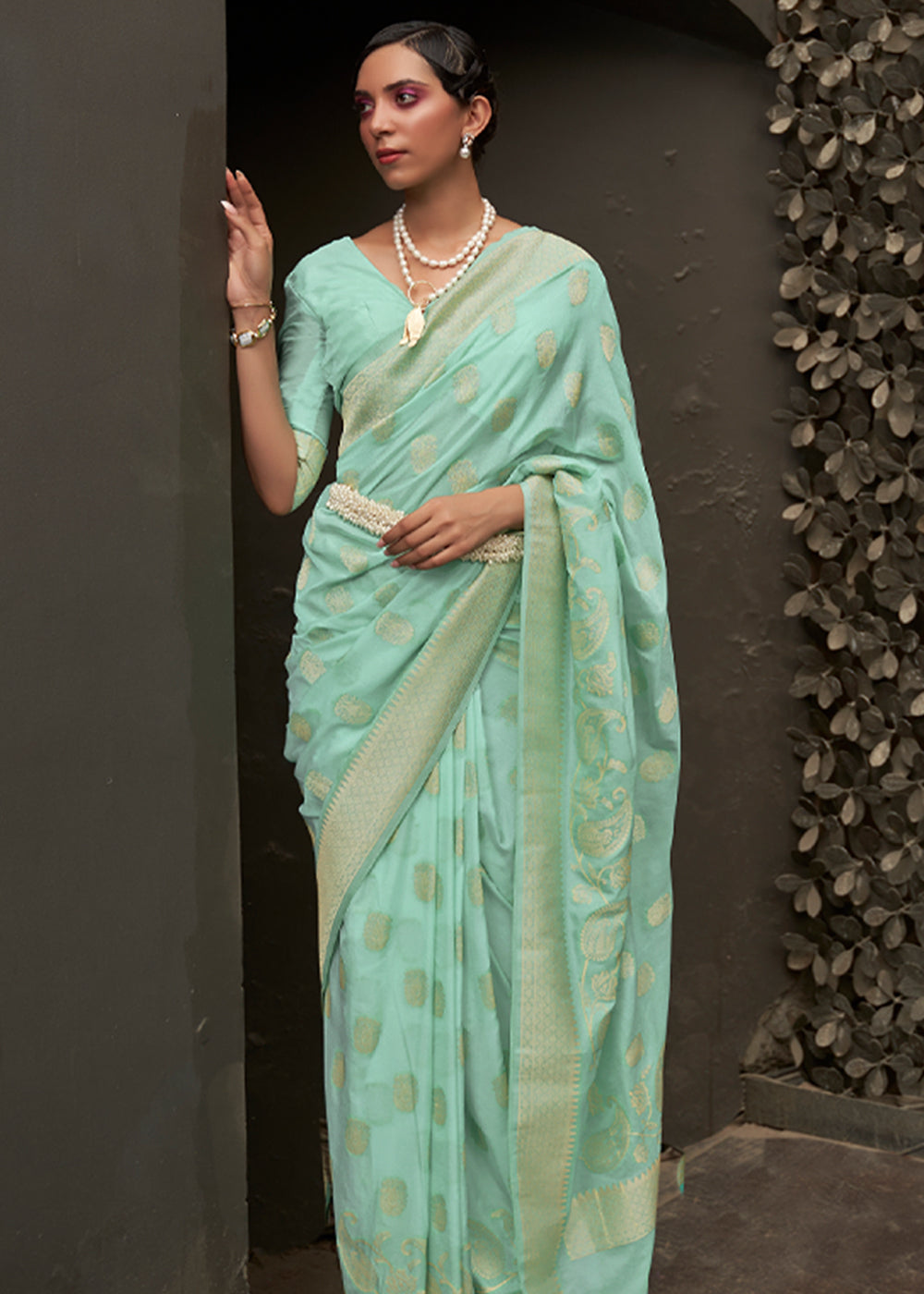 Buy MySilkLove Shadow Green Woven Banarasi Chiffon Saree Online