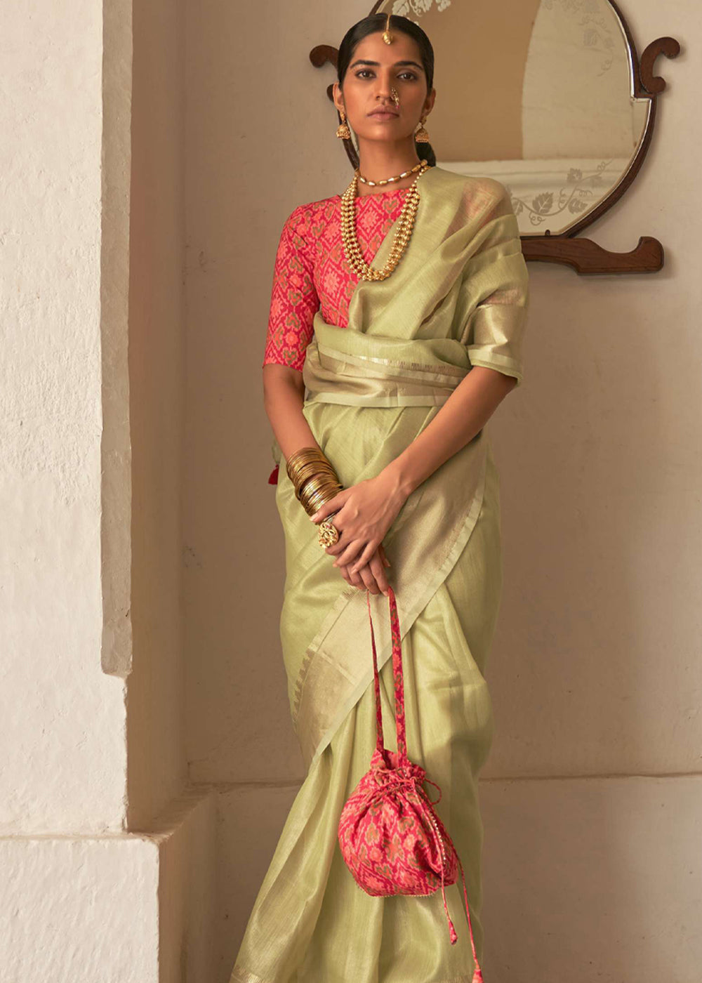 MySilkLove Straw Green and Pink Organza Silk Saree