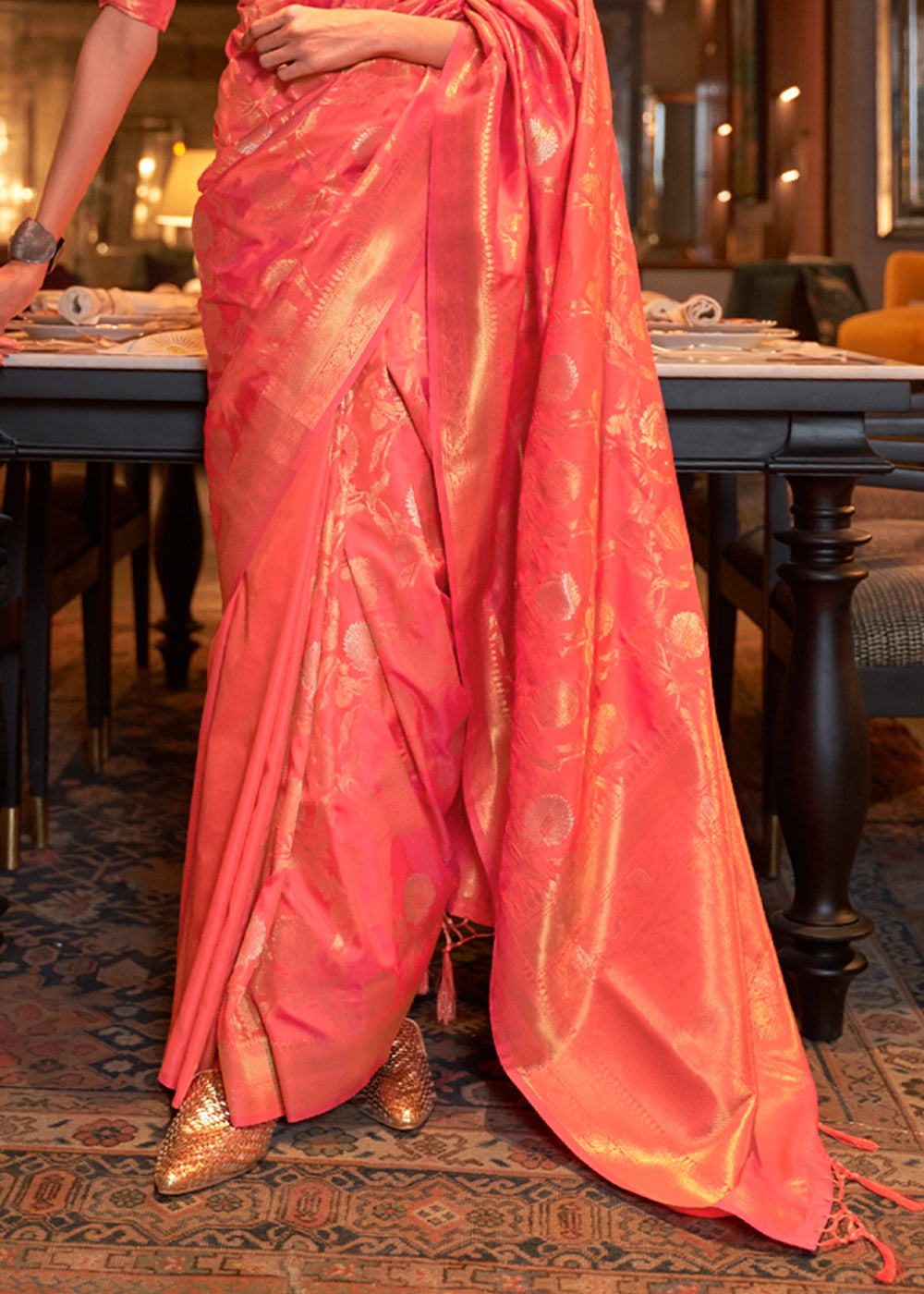 Buy MySilkLove Vivid Tangerine Peach Banarasi Brocade Silk Saree Online