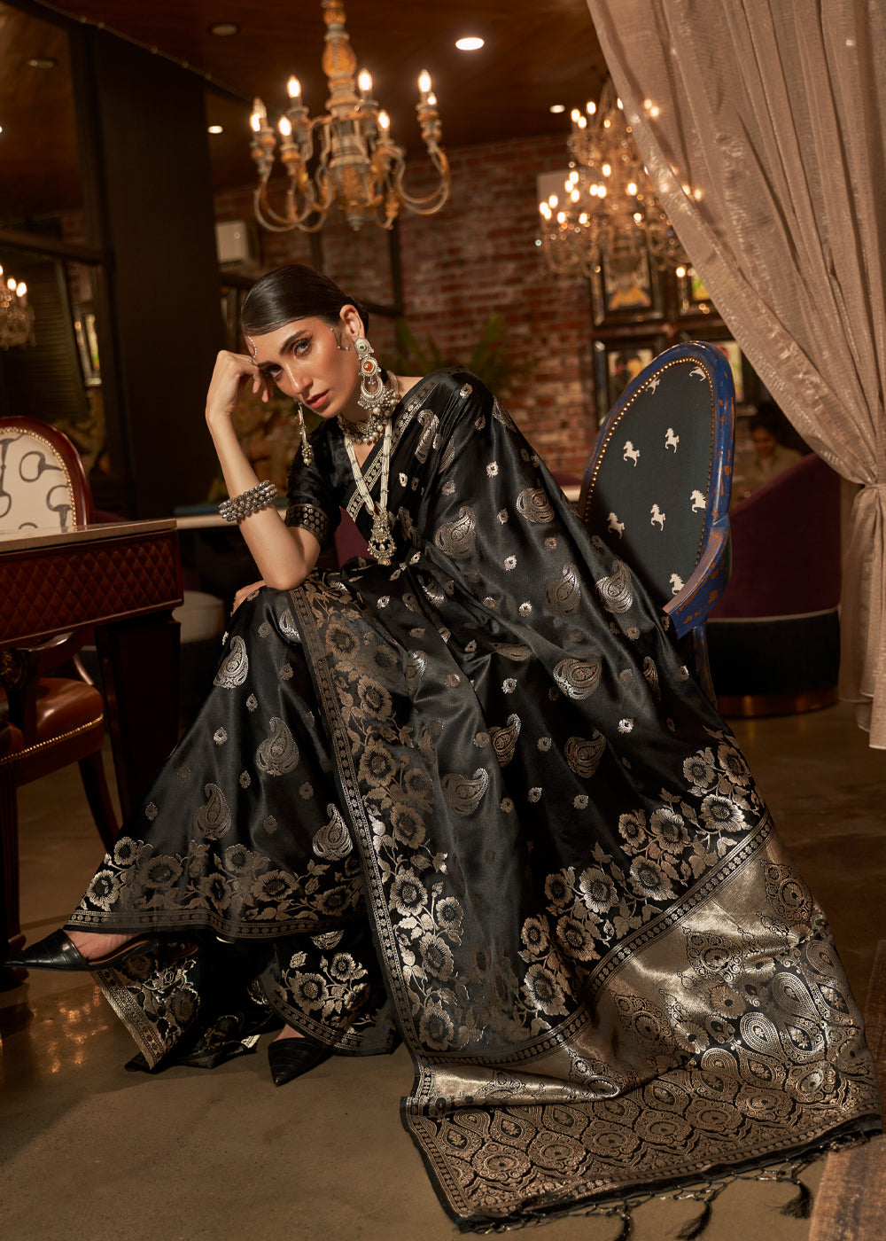 Buy MySilkLove Night Rider Black Banarasi Woven Satin Silk Saree Online
