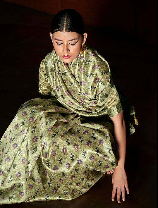 Buy MySilkLove Clay Creek Green Digital Printed Silk Saree Online