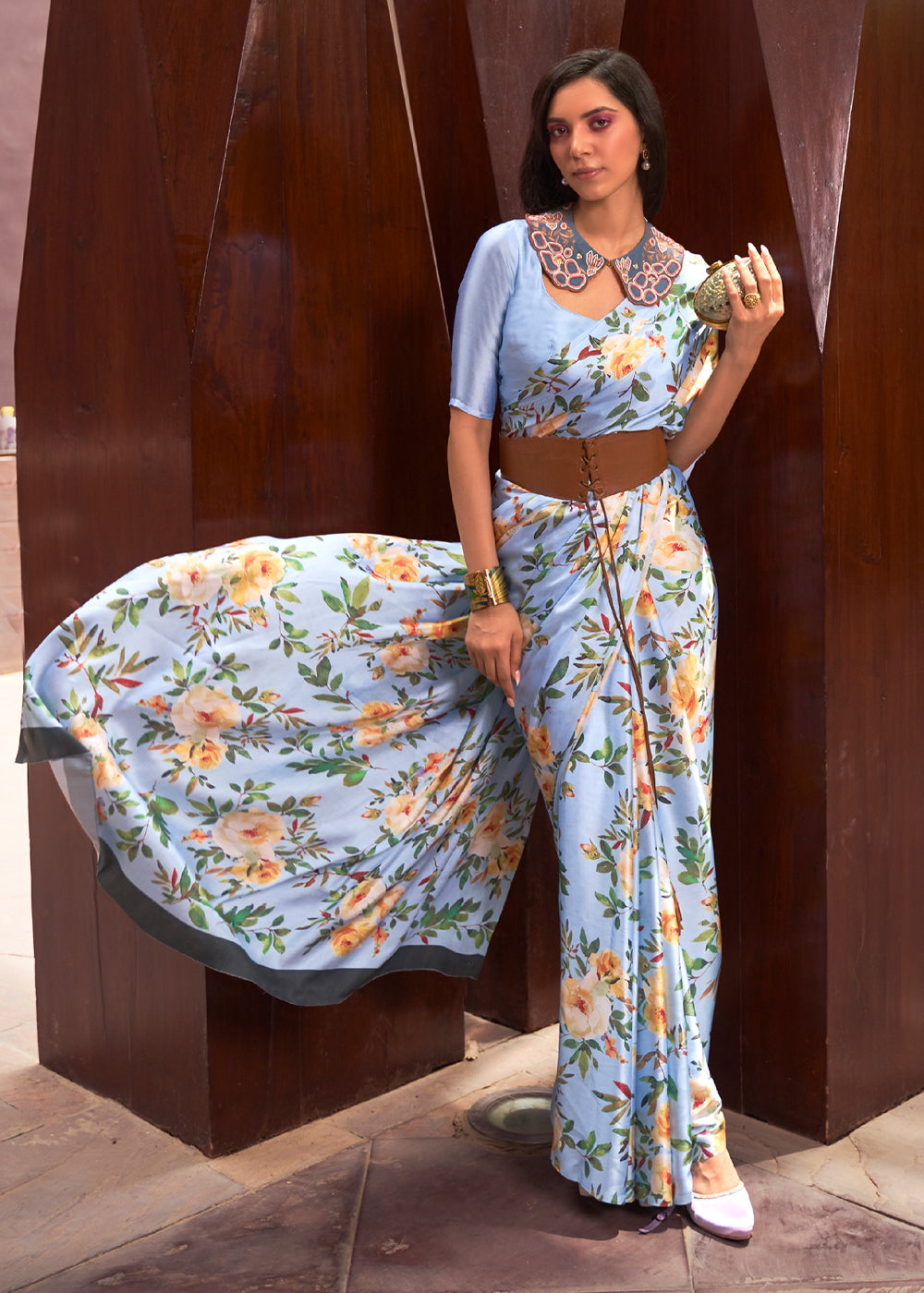 Buy MySilkLove Spindle Blue Floral Printed Satin Silk Saree Online