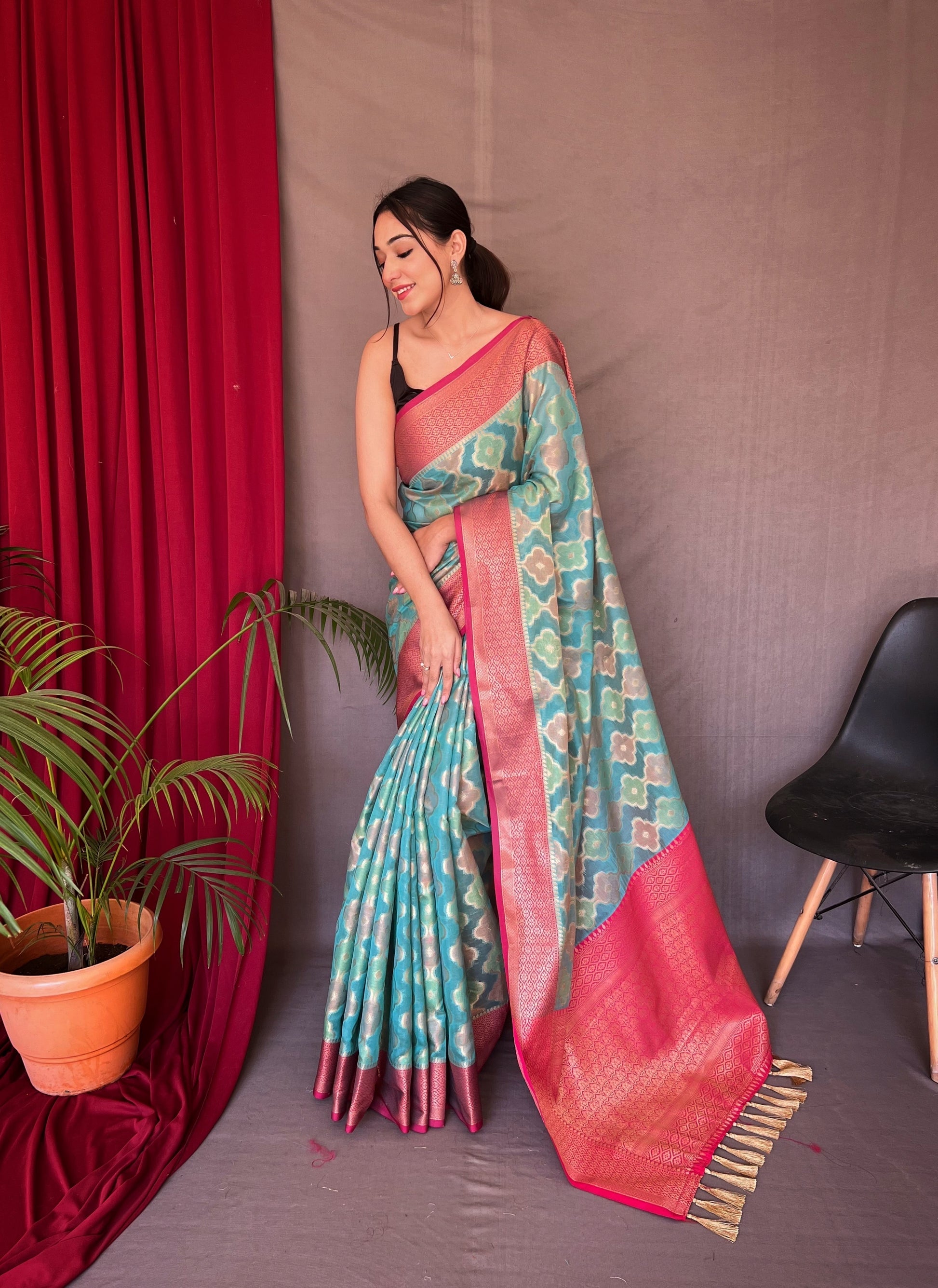 Buy MySilkLove Glacier Blue Woven Organza Silk Saree Online