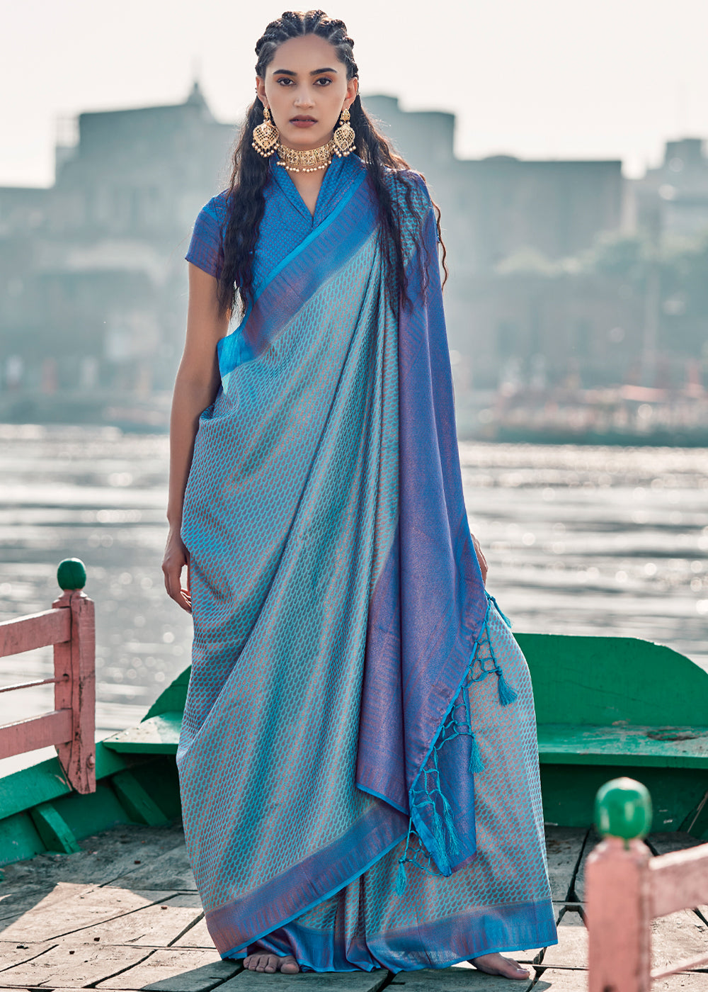 Buy MySilkLove Nepal Blue Woven Banarasi Soft Silk Saree Online