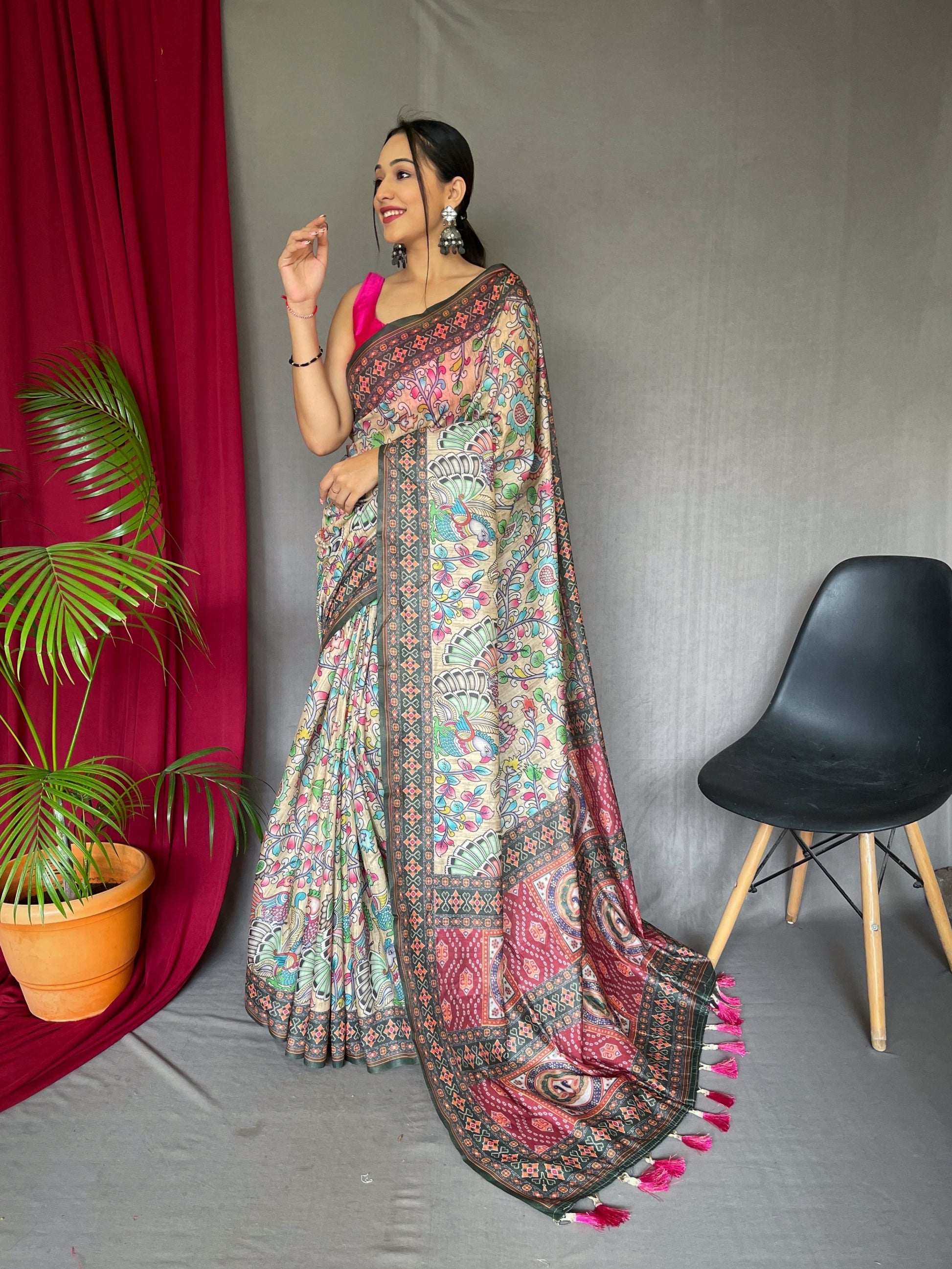 Buy MySilkLove Citrine Green Bandhani Kalamkari Printed Saree Online