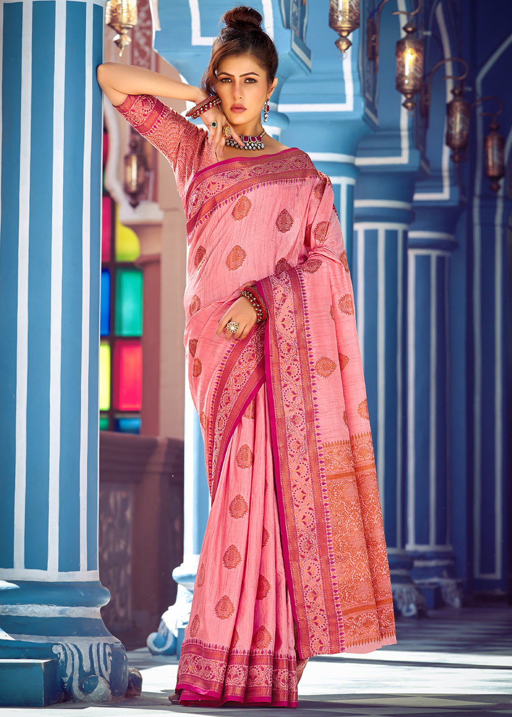 Buy MySilkLove Carnation Pink Woven Banarasi Silk Saree Online