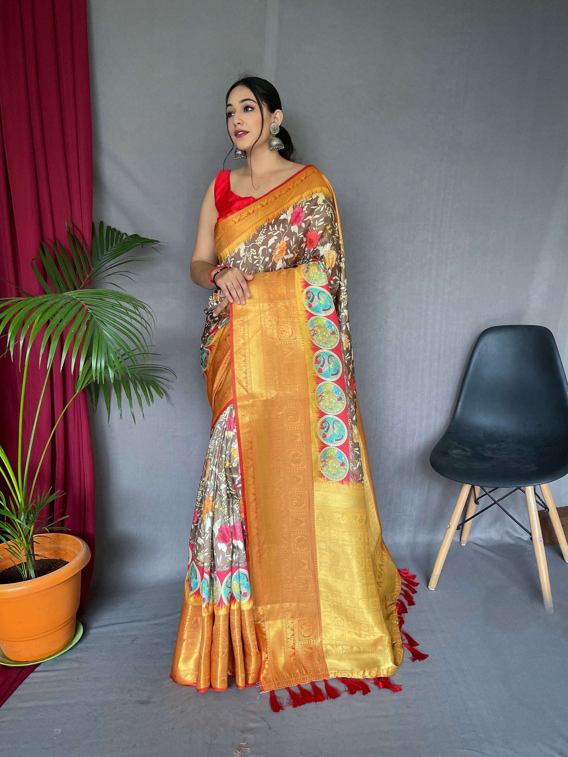 Buy MySilkLove Porsche Yellow and Brown Kalamkari Saree Online