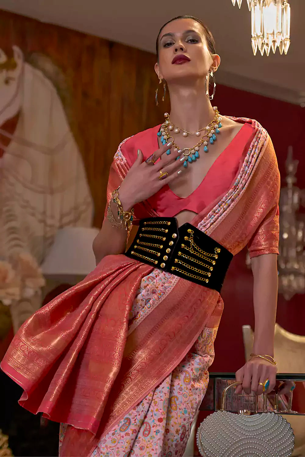Buy MySilkLove Chestnut Pink Kashmiri Jamewar Silk Saree Online