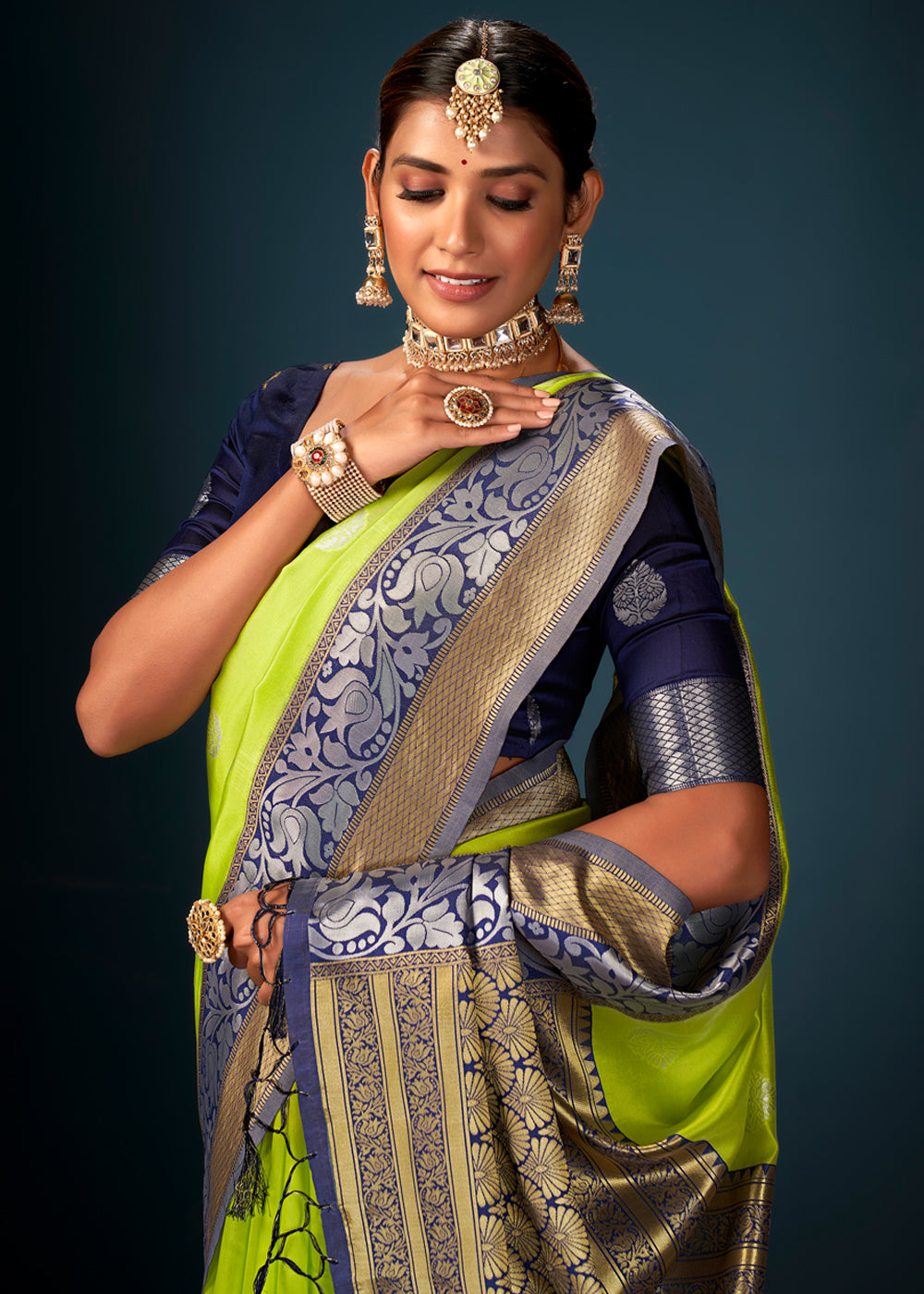 Buy MySilkLove Atlantis Green and Blue Woven Banarasi Silk Saree Online
