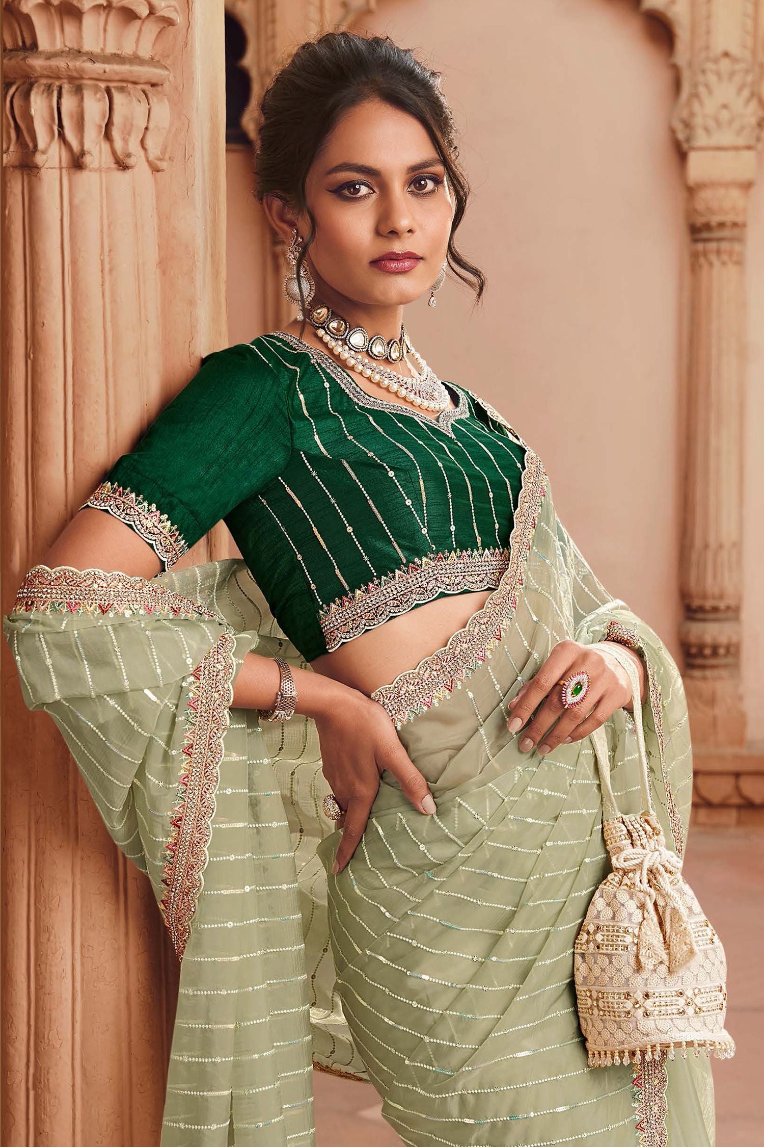 Buy MySilkLove Hillary Green Organza Silk with Embroidered Designer Saree Online