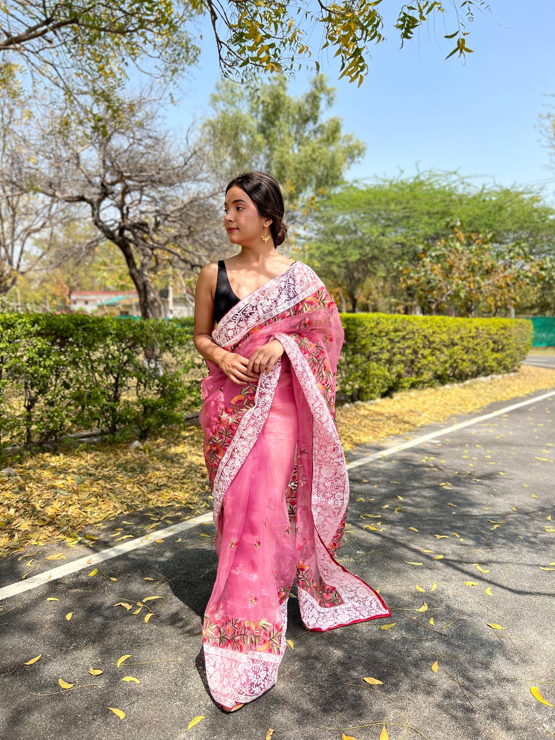 Buy MySilkLove Baby Pink Lucknowi Chikankari Organza Silk Saree Online