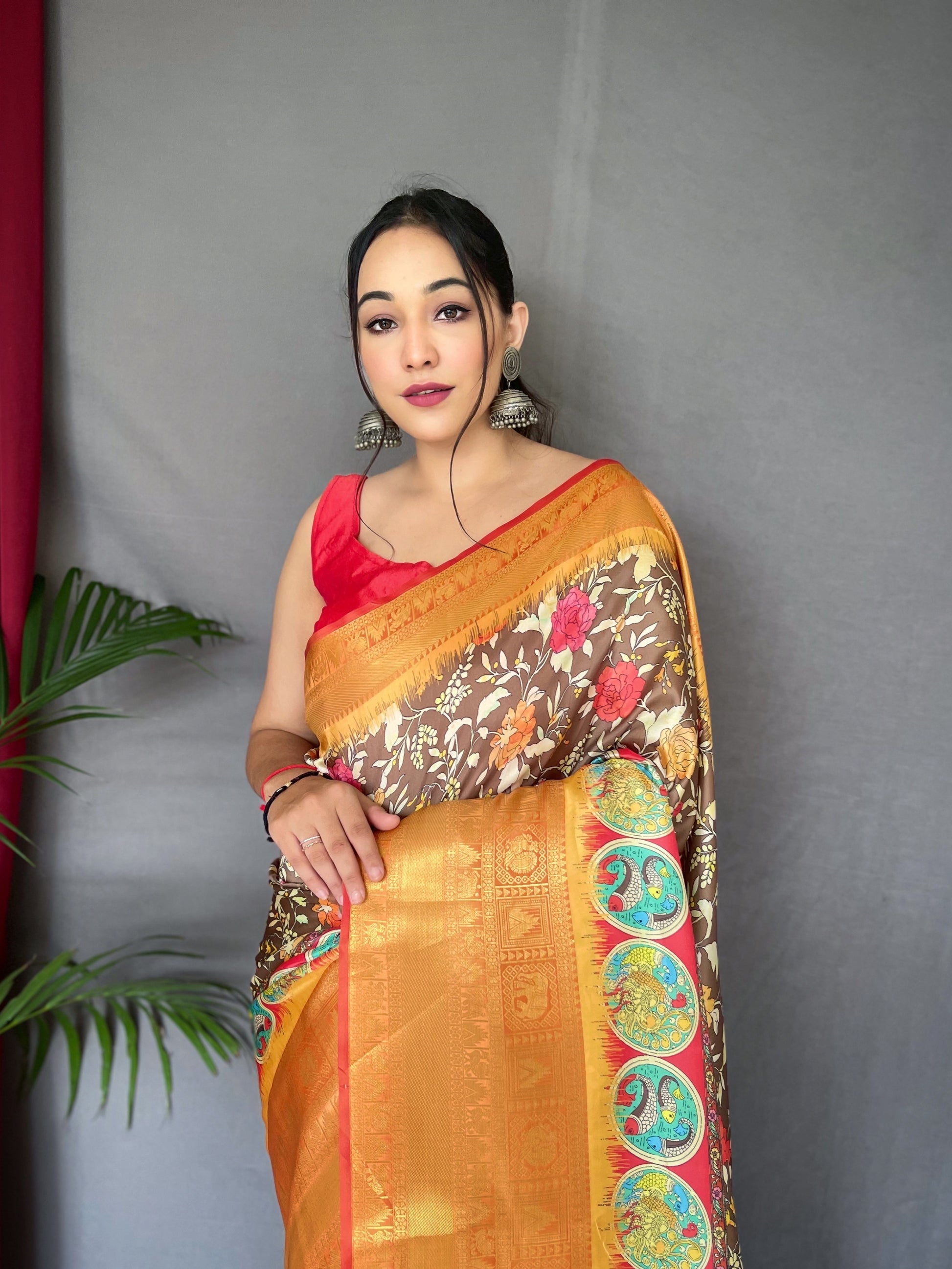 Buy MySilkLove Porsche Yellow and Brown Kalamkari Saree Online