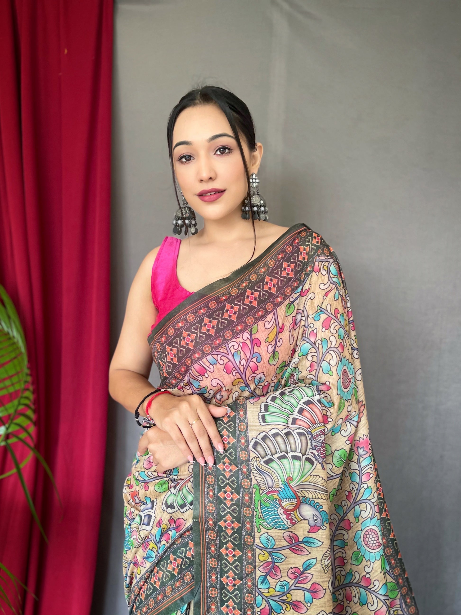 Buy MySilkLove Citrine Green Bandhani Kalamkari Printed Saree Online