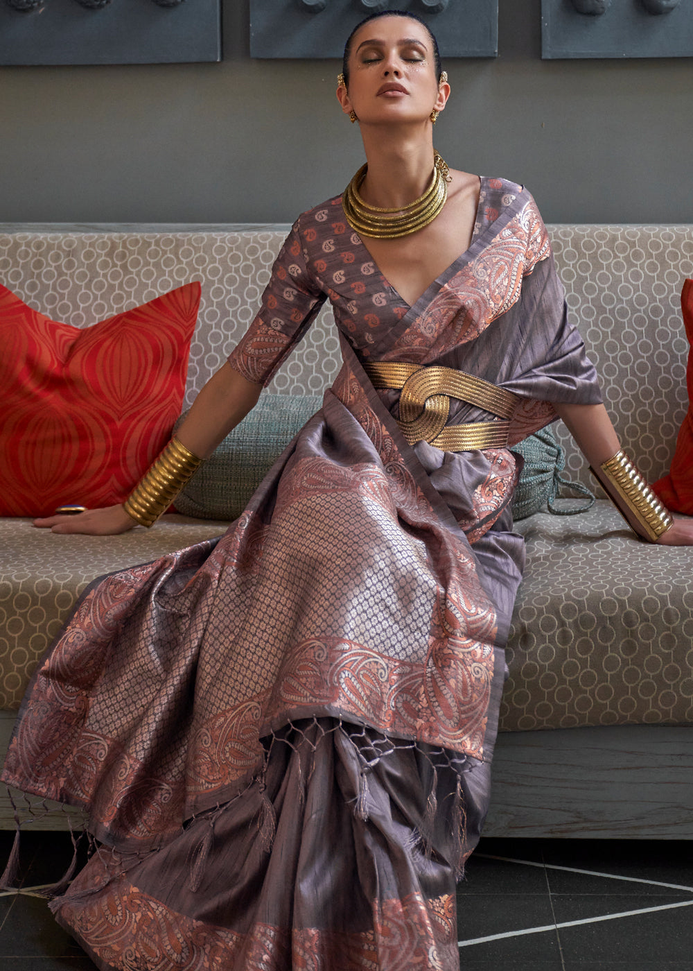 Buy MySilkLove Dorado Grey Woven Brocade Tussar Silk Saree Online