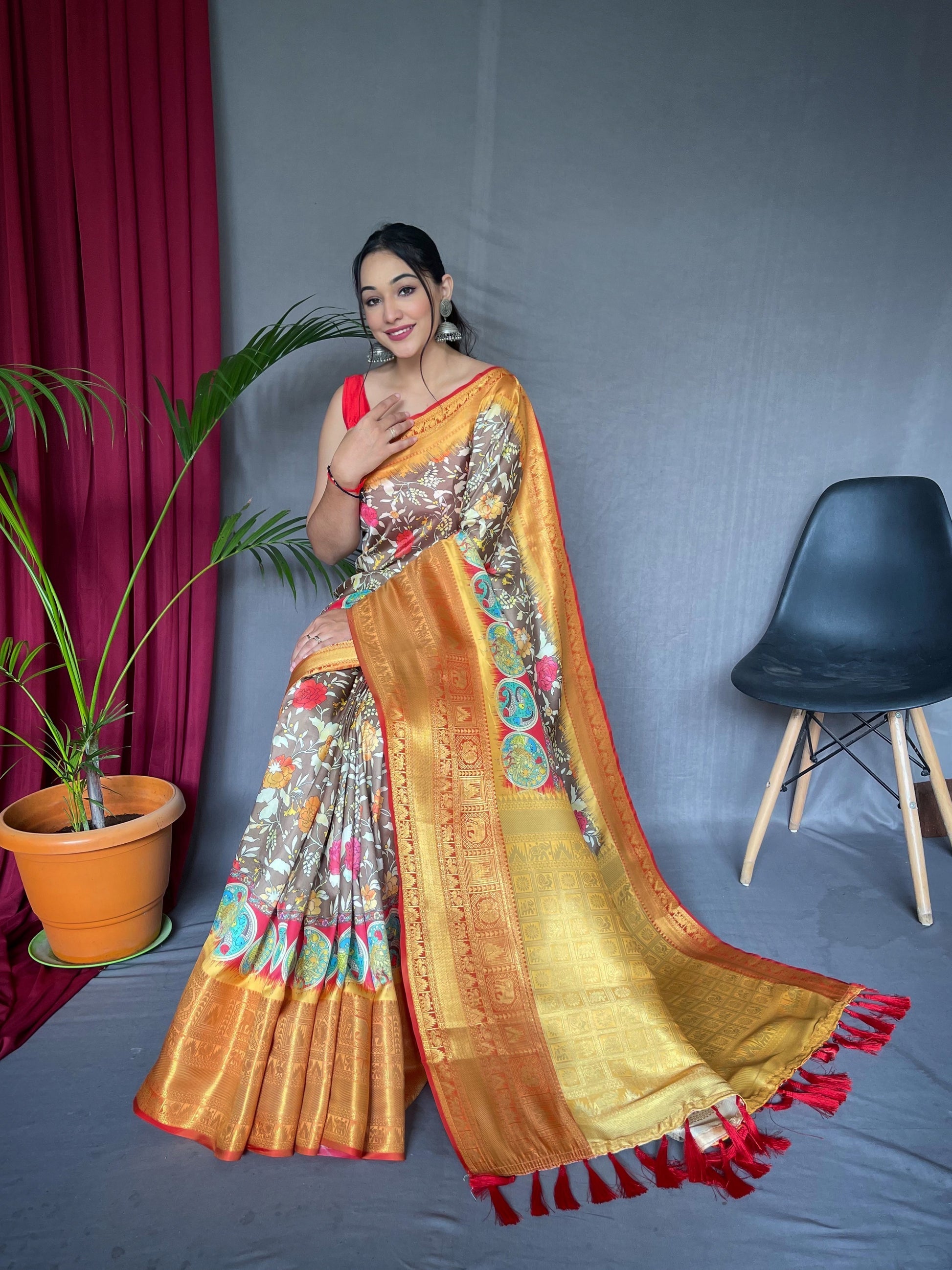Buy MySilkLove Porsche Yellow and Brown Kalamkari Saree Online