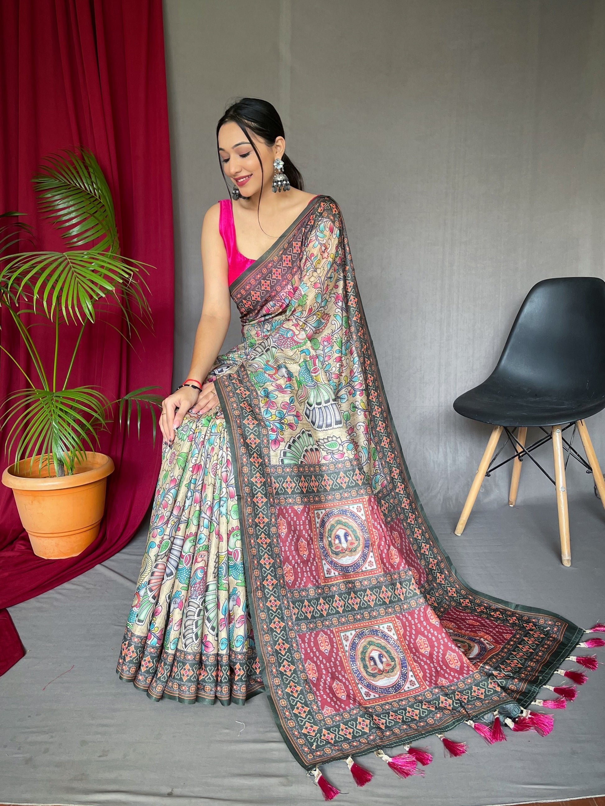Buy MySilkLove Citrine Green Bandhani Kalamkari Printed Saree Online