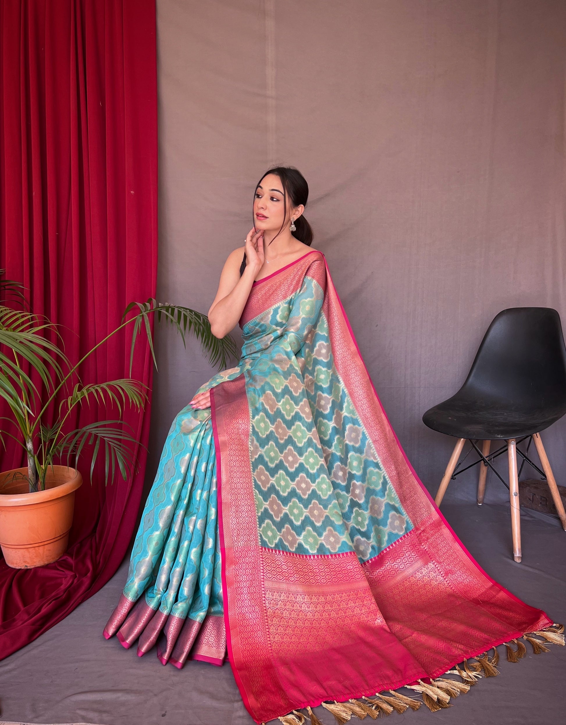 Buy MySilkLove Glacier Blue Woven Organza Silk Saree Online