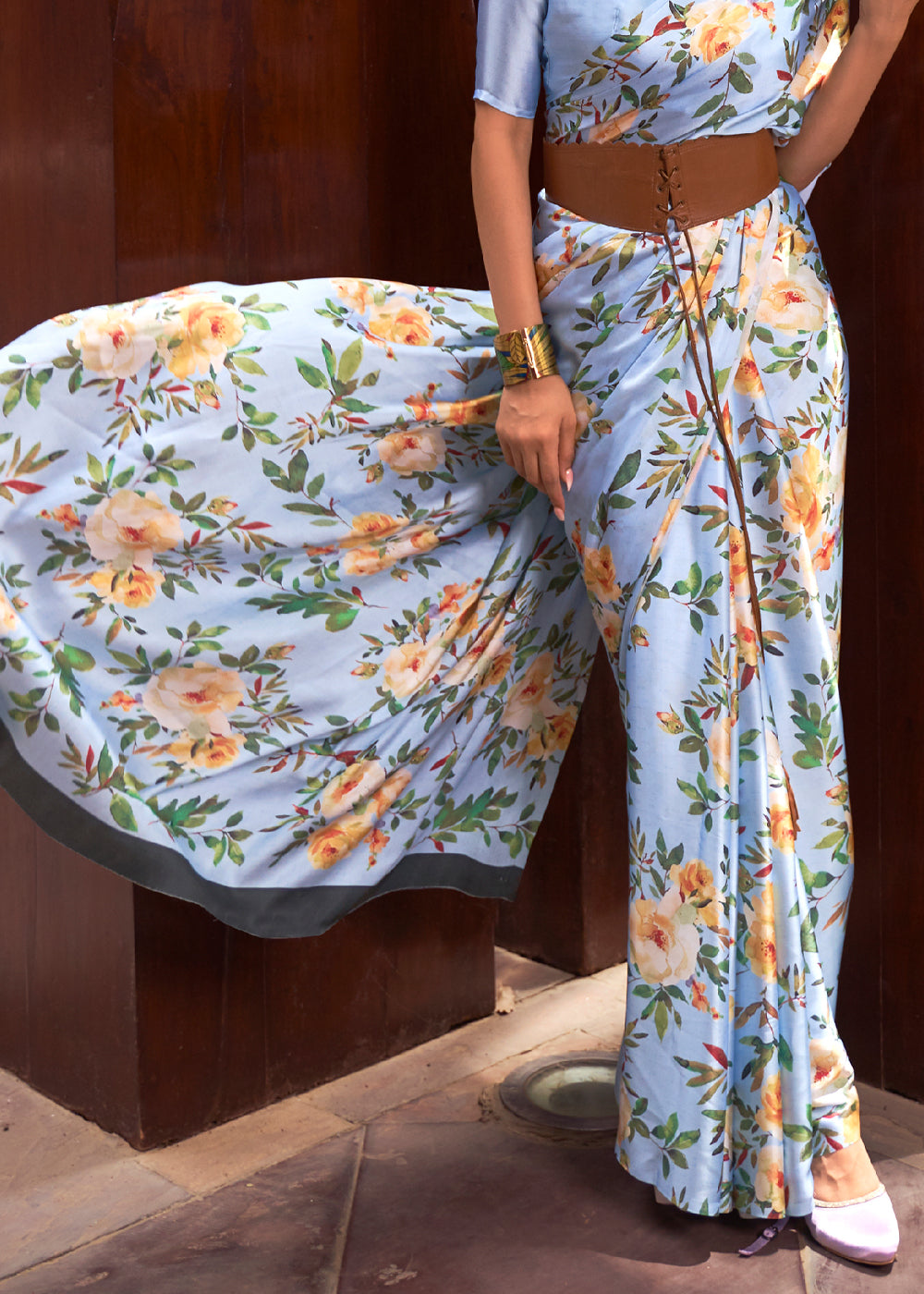 Buy MySilkLove Spindle Blue Floral Printed Satin Silk Saree Online