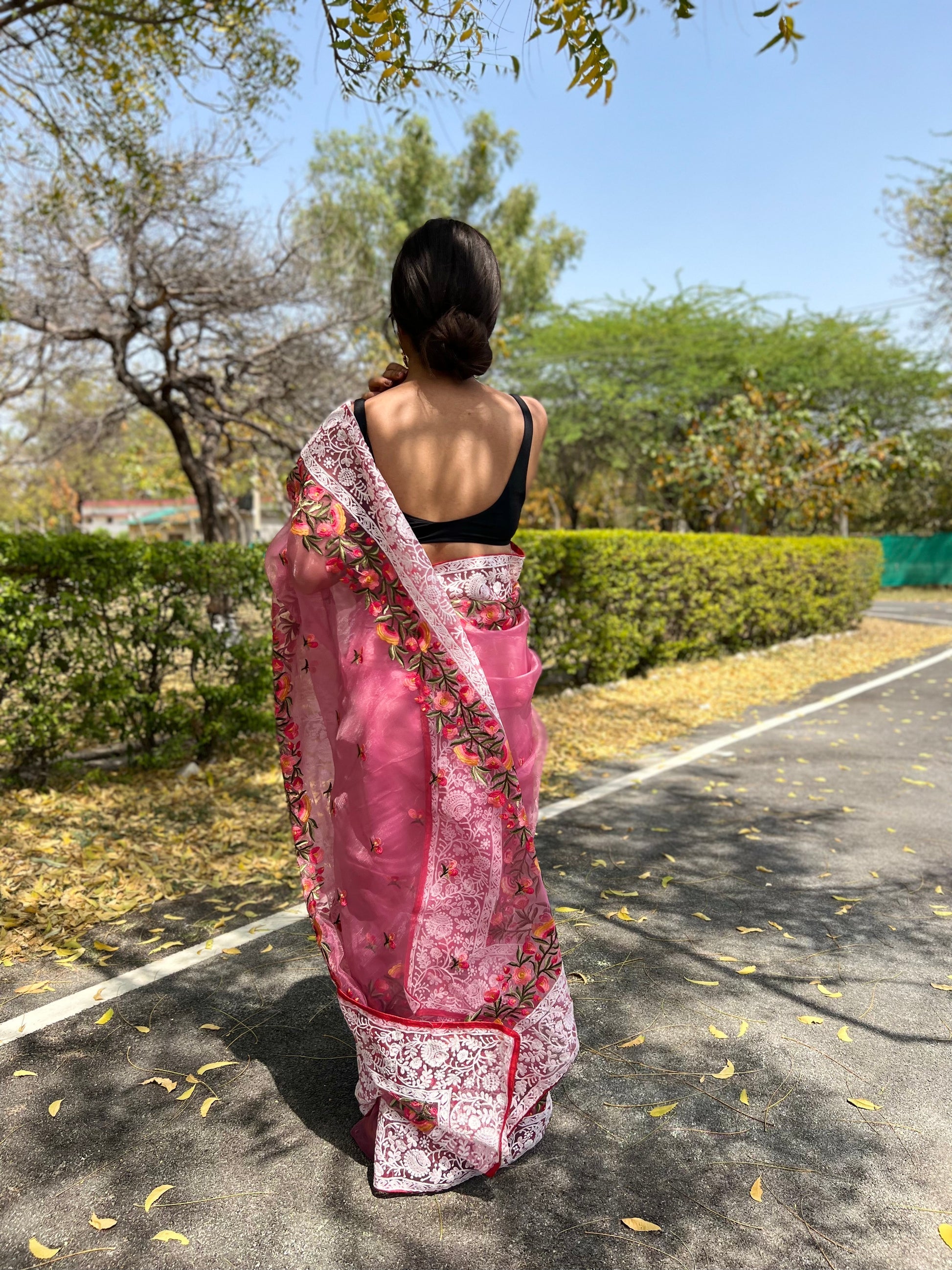 Buy MySilkLove Baby Pink Lucknowi Chikankari Organza Silk Saree Online