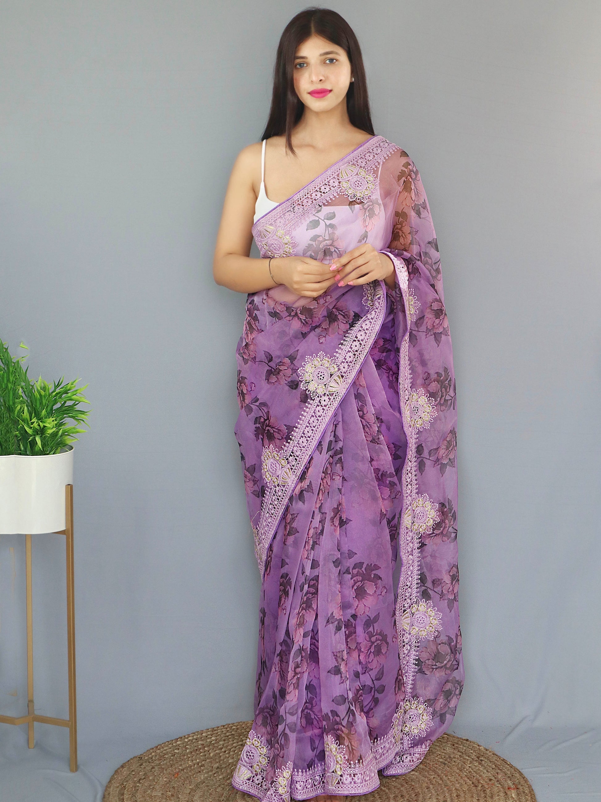 Buy MySilkLove Lily Lavender Purple Organza Digital Floral Printed Saree Online