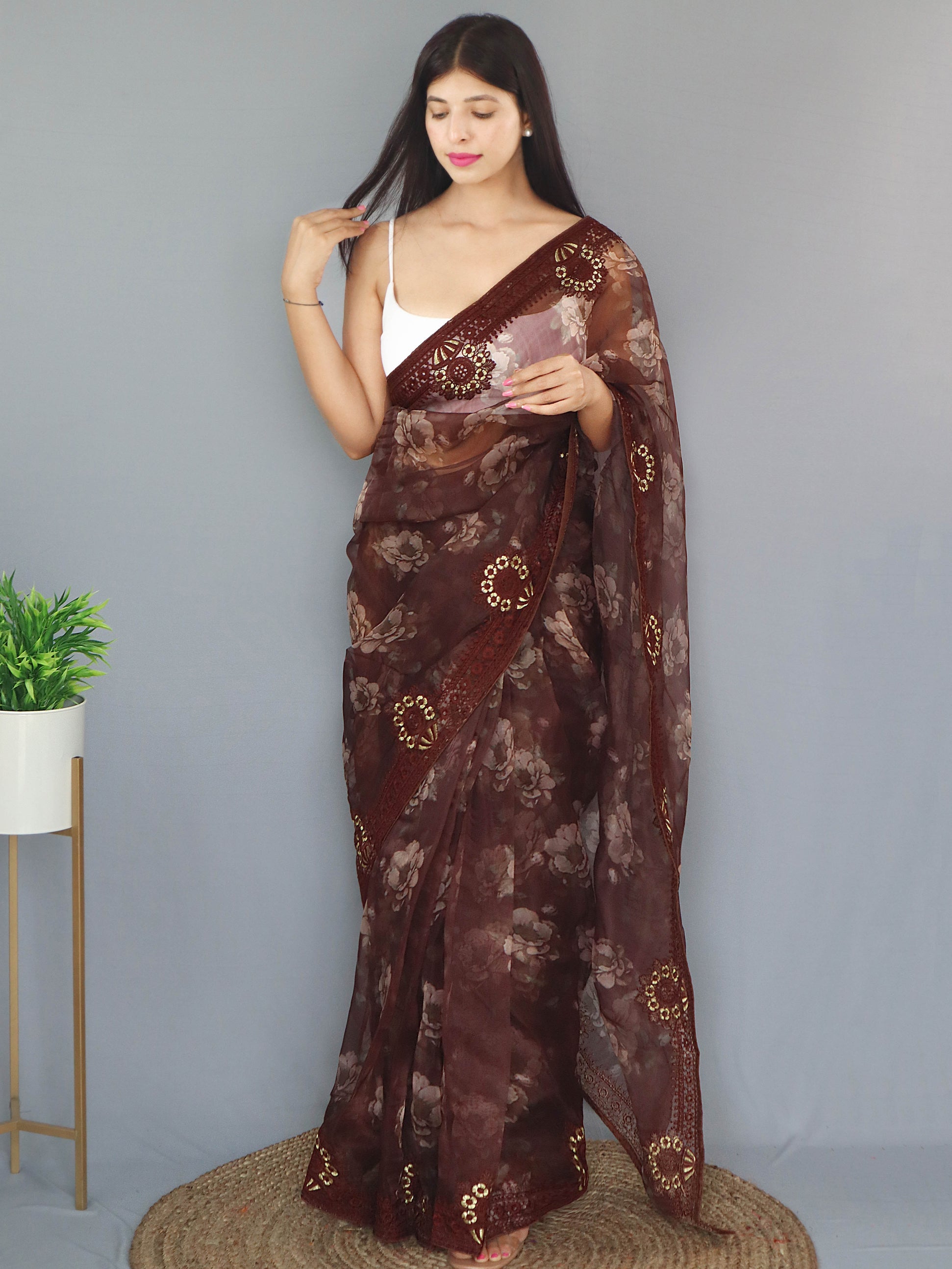 Buy MySilkLove Crater Brown Organza Digital Floral Printed Saree Online