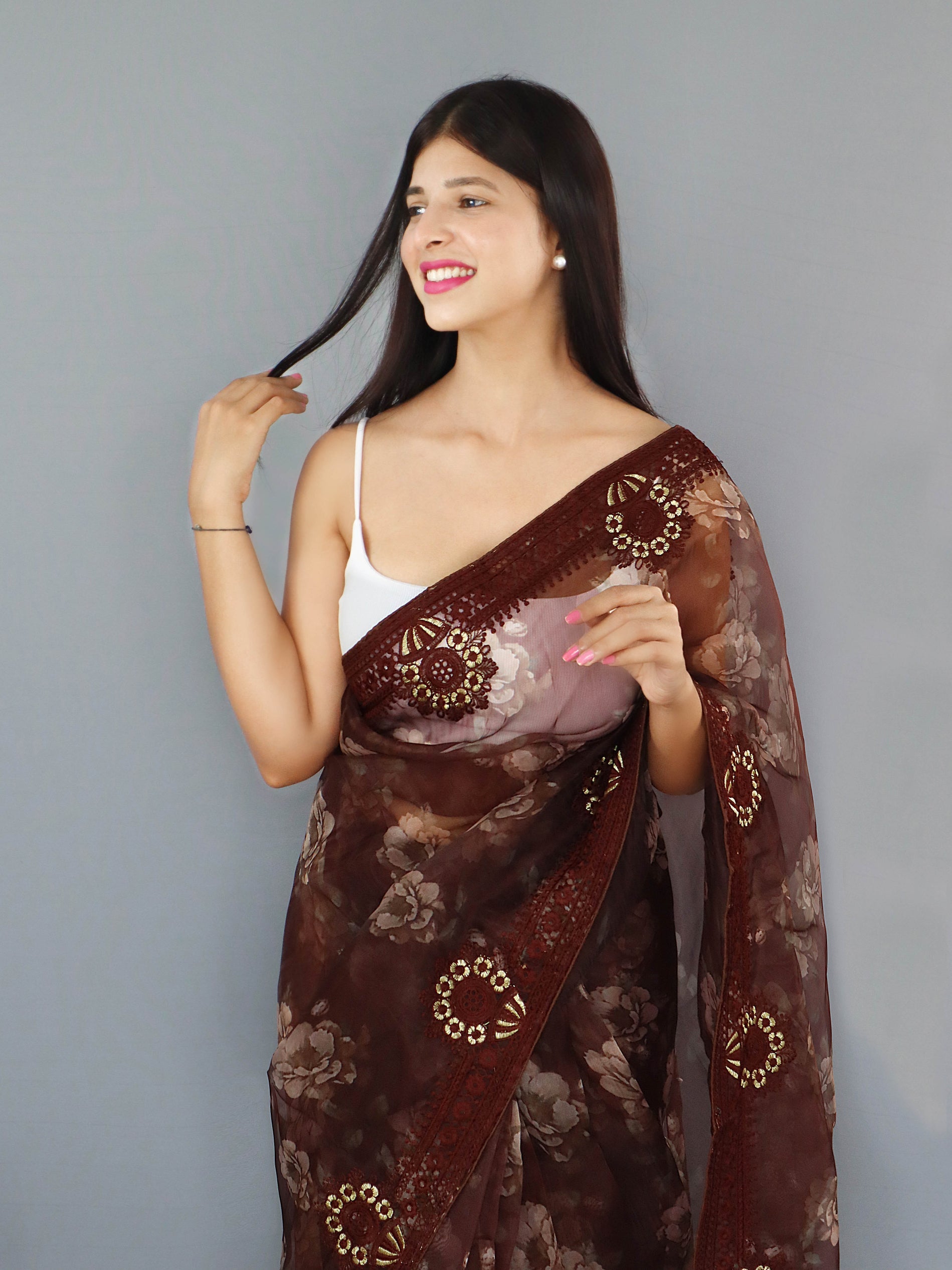 Buy MySilkLove Crater Brown Organza Digital Floral Printed Saree Online