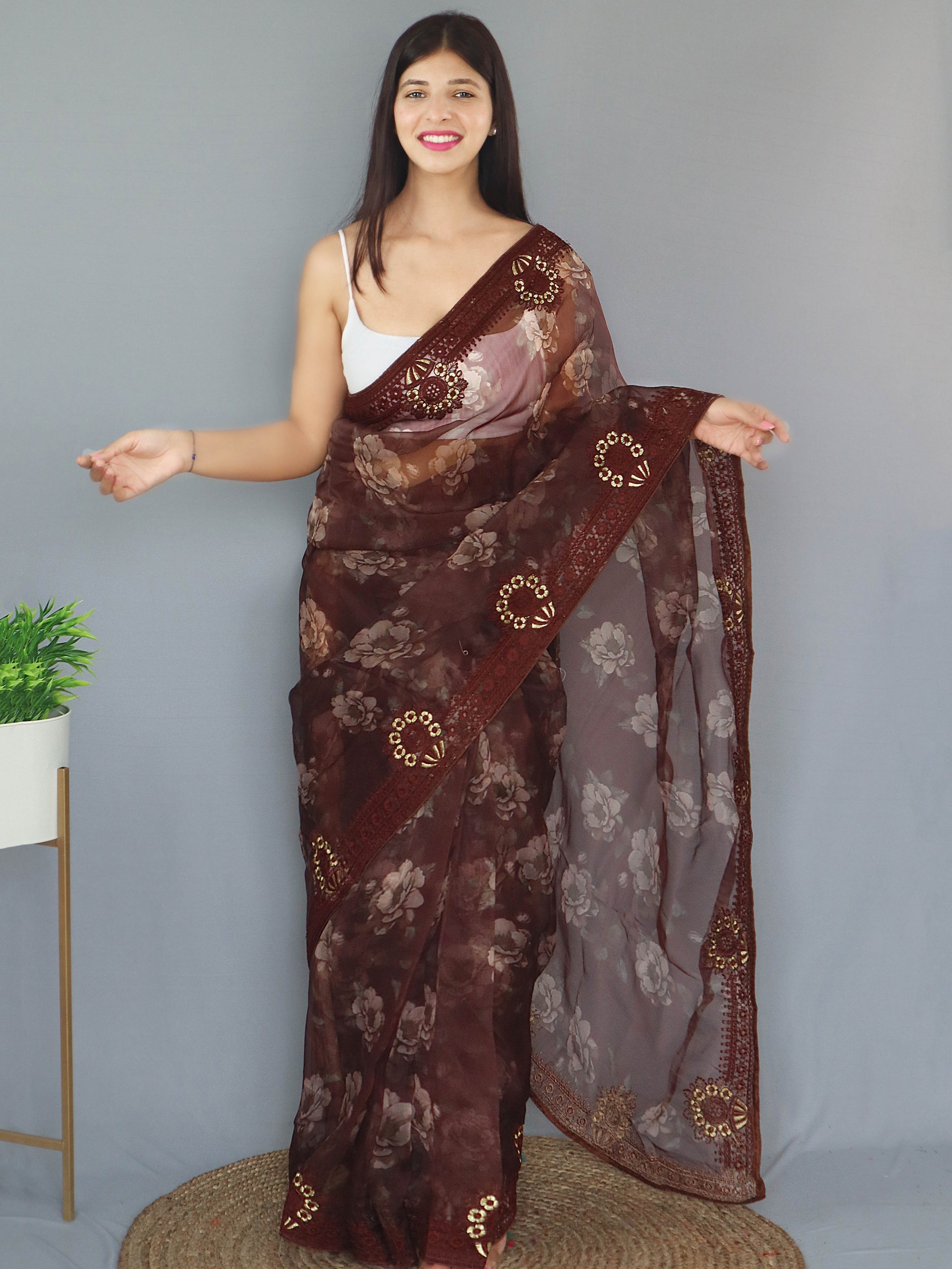 Buy MySilkLove Crater Brown Organza Digital Floral Printed Saree Online