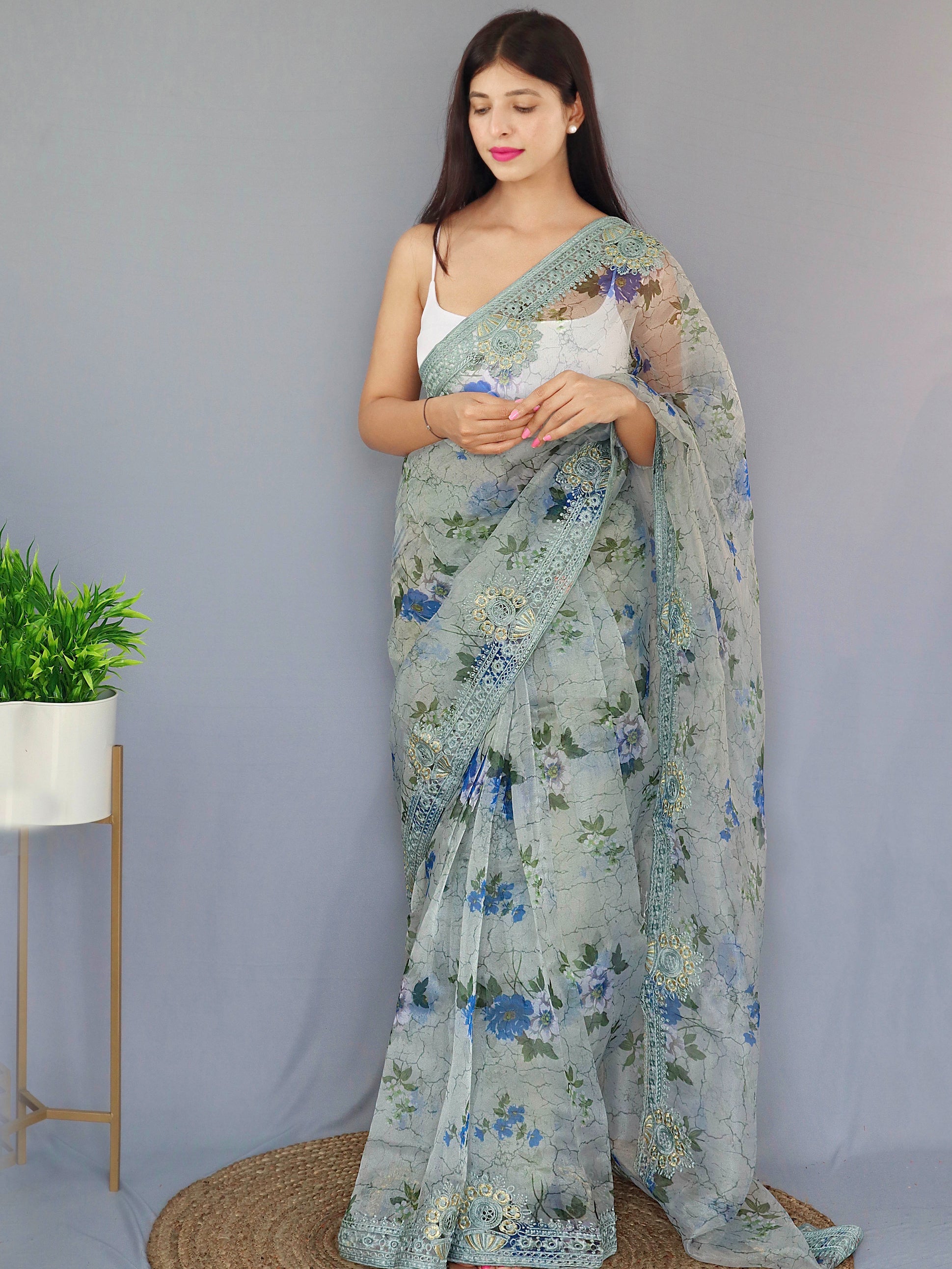Buy MySilkLove Smoke Grey Organza Digital Floral Printed Saree Online